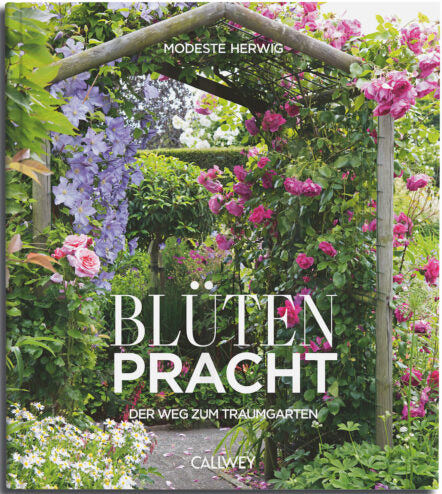 Buchumschlag mit lebhaften Rosen und Glyzinien, die einen hölzernen Gartenbogen erklimmen, ideal für Gartenplanung und Beetpflanzen-Inspiration. Titel: "Blütenpracht - der Weg zum Traumgarten" von Modeste Herwig. Verlag: Callwey Verlag.