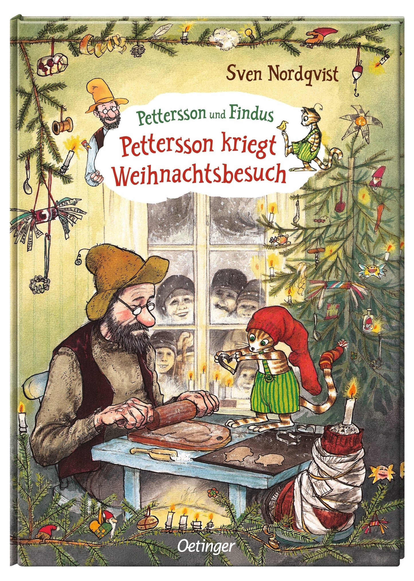 Das Titelbild von "Pettersson kriegt Weihnachtsbesuch" aus dem Oetinger Verlag zeigt einen älteren Mann und eine gestreifte Katze an einer festlichen Tafel, während zwei Kinder und eine Frau durch das frostige Fenster schauen.