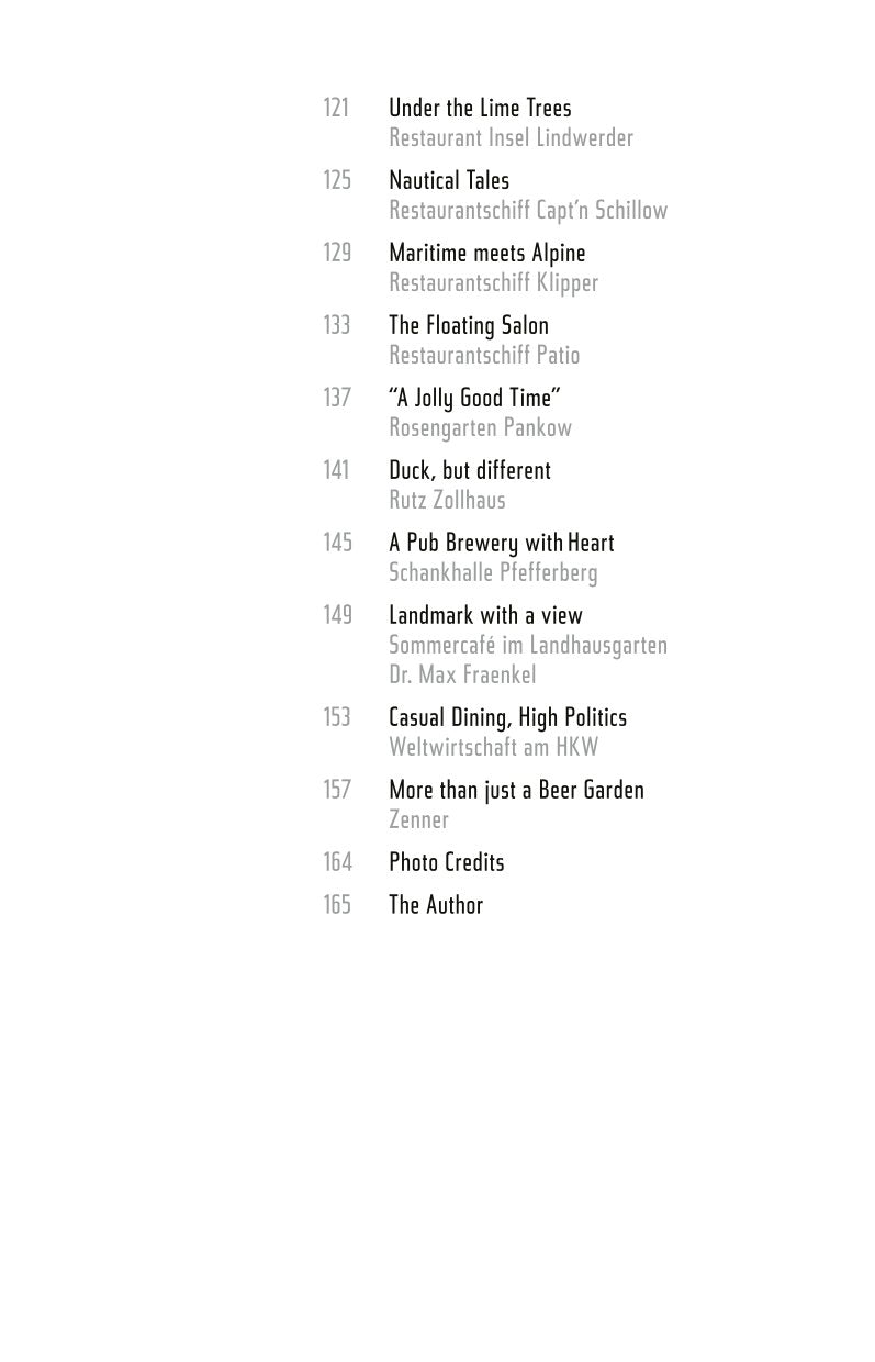 Urbane Oasen in Berlin (Bebra Verlag) enthält nummerierte Titel (121-165) zu Biergärten, Gartencafés, Freiluftrestaurants und Lokalen wie Unter den Linden, Nautical Tales, Maritim trifft Alpin, plus Bildnachweis.