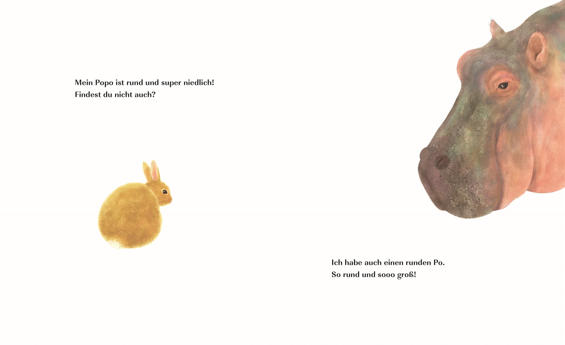 Ein kleines, rundes, braunes Kaninchen steht einem großen Nilpferd gegenüber in dieser minimalistischen Szene aus "Ich bin so froh über meinen Po!" vom DK Verlag. Der deutsche Text neben jedem Tier beschreibt humorvoll seinen Popo und erinnert an ein witziges Kinderbuch oder Bilderbuch.