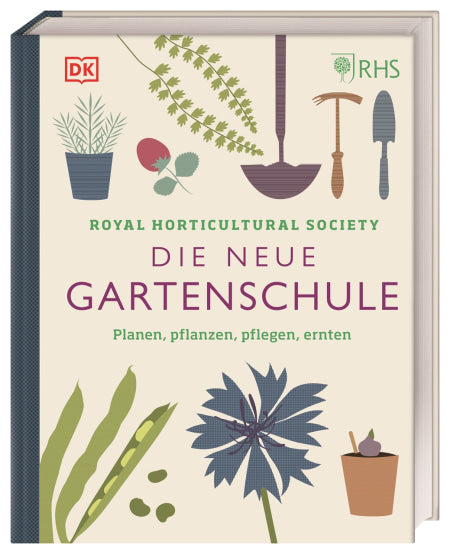 Die neue Gartenschule von DK zeigt Gartengeräte- und Pflanzenillustrationen in gedecktem Grün, Braun und Lila – perfekt für Hobbygärtner. Das Ziergarten-Thema auf dem Cover wird durch das Logo der Royal Horticultural Society ergänzt.