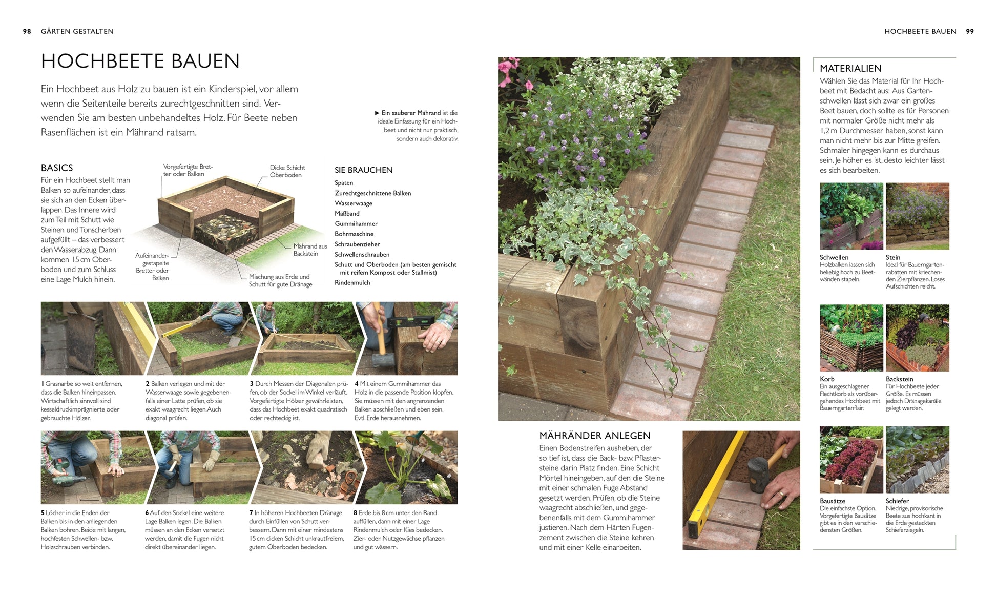Eine Doppelseite in DKs „Die neue Gartenschule“ zeigt Schritt-für-Schritt-Anleitungen, Diagramme und Fotos (auf Deutsch) zum Bau eines Hochbeets aus Holz im Freien, einschließlich Materialien und Personen, die es zusammenbauen.