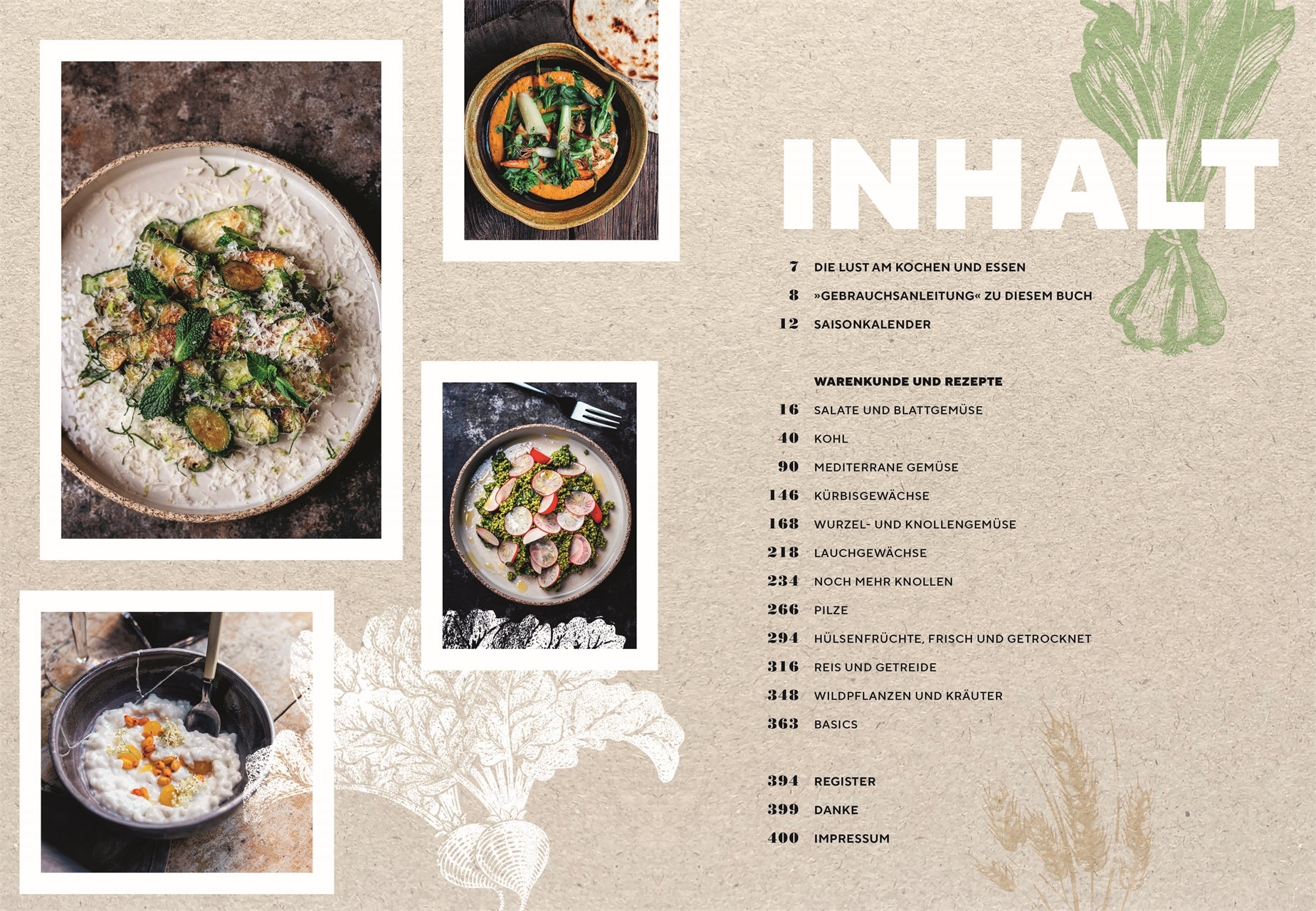 Inhaltsverzeichnis von "Vegetarisch" aus dem DK Verlag, mit drei Fotos von Gerichten auf der linken Seite und einer Liste von vegetarischen Rezeptabschnitten mit Seitenzahlen auf der rechten Seite, betitelt mit INHALT, alles auf einem beigefarbenen strukturierten Hintergrund.