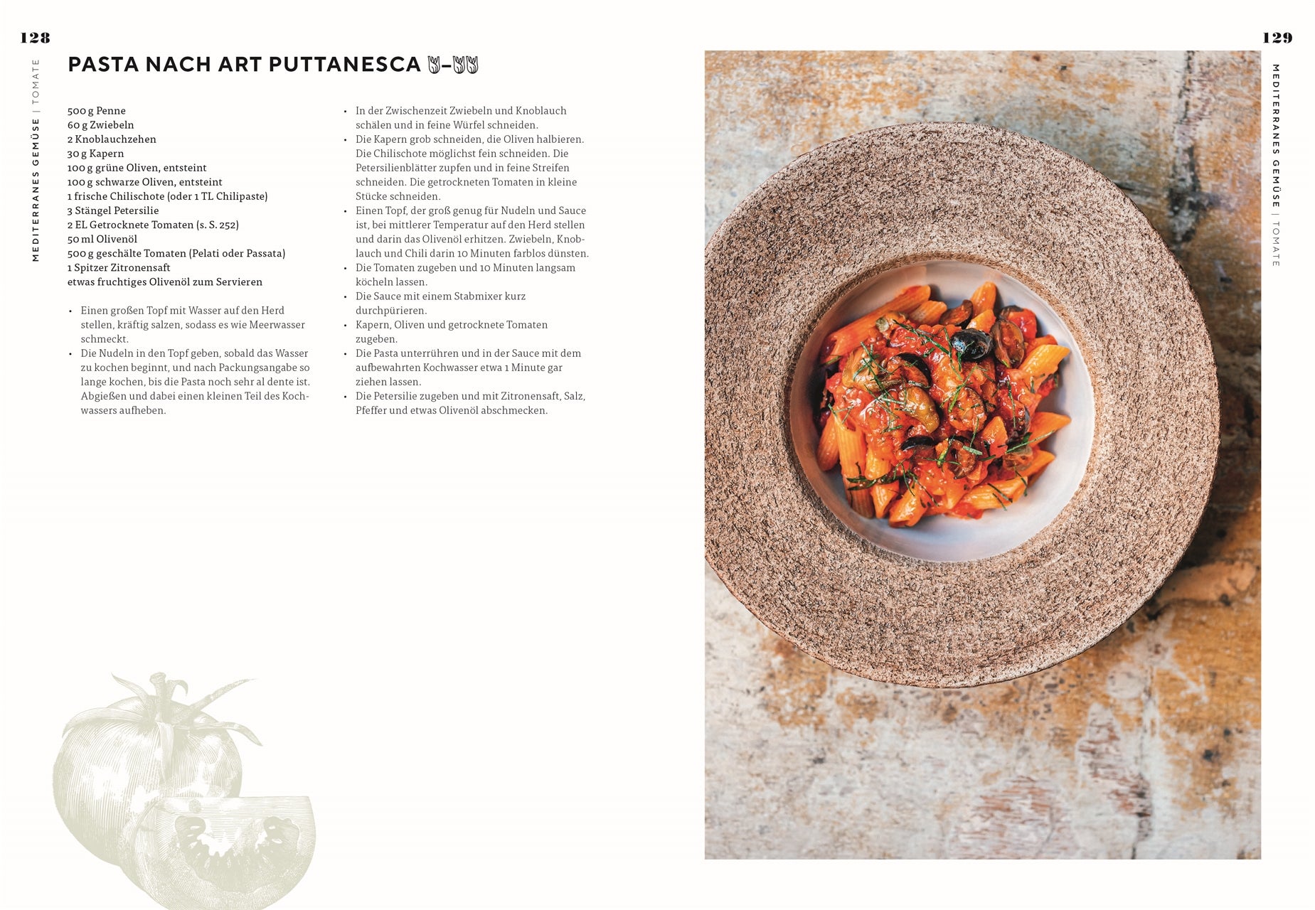 Eine Schüssel Pasta puttanesca mit Tomatensauce, Oliven und Kräutern steht auf einem Teller mit Steinstruktur. Links ist das Rezept aus "Vegetarisch" vom DK Verlag - ideal für Fans von vegetarischen Gerichten und deutschen Kochbüchern.