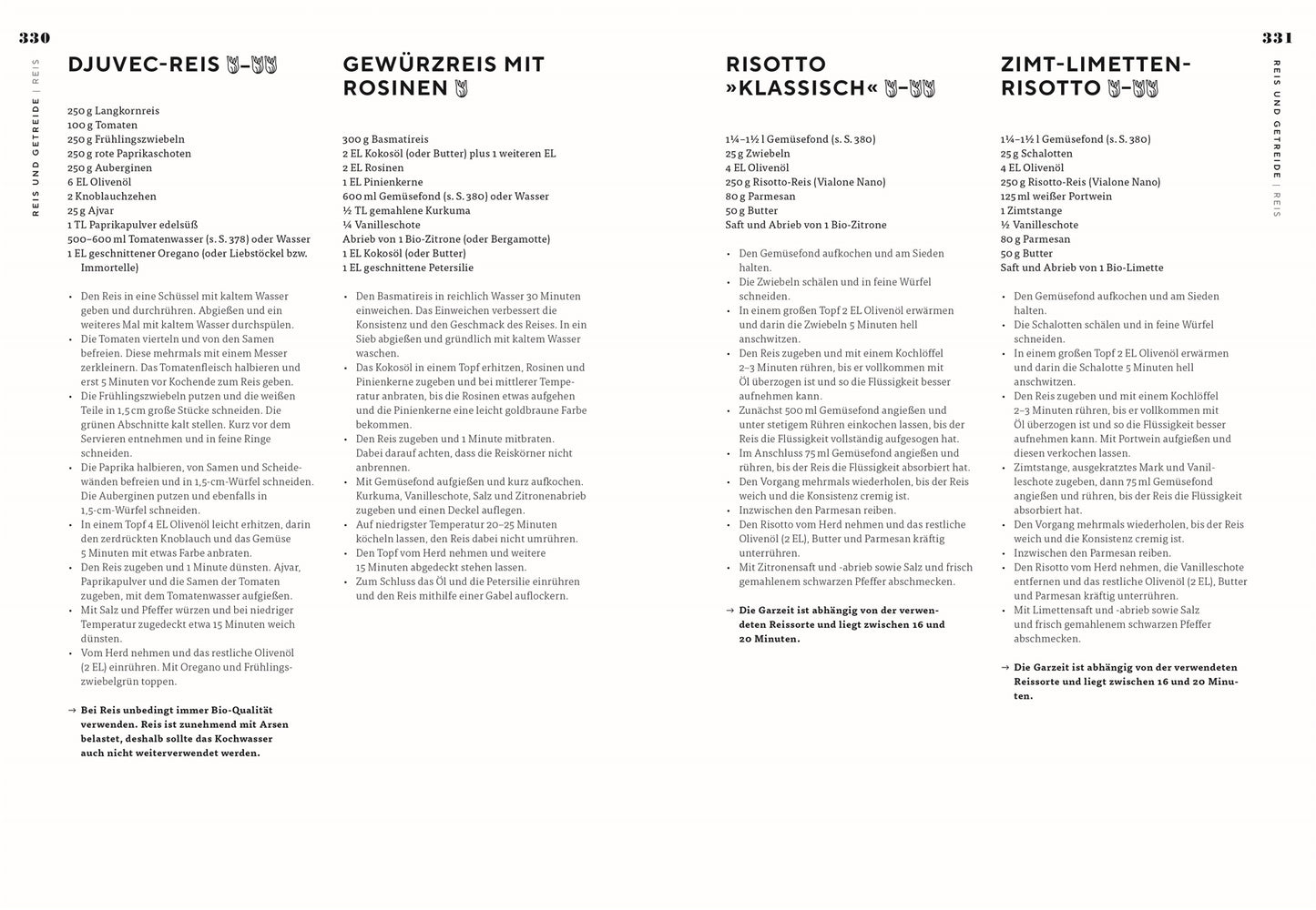 Die Seite "Vegetarisch" von DK Verlag zeigt vier vegetarische Rezepte von Paul Ivić - Djuvec-Reis, Gewürzreis mit Rosinen, klassisches Risotto und Zimt-Limetten-Risotto - mit Zutaten und Anleitung auf weißem Hintergrund.