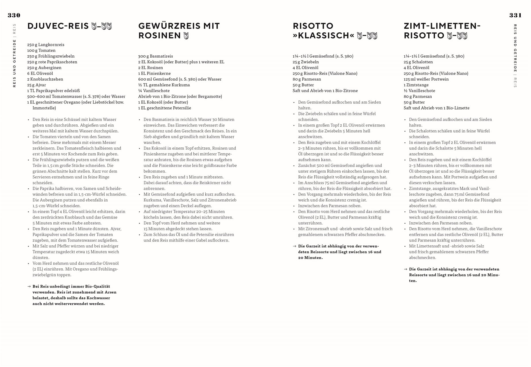 Die Seite "Vegetarisch" von DK Verlag zeigt vier vegetarische Rezepte von Paul Ivić - Djuvec-Reis, Gewürzreis mit Rosinen, klassisches Risotto und Zimt-Limetten-Risotto - mit Zutaten und Anleitung auf weißem Hintergrund.