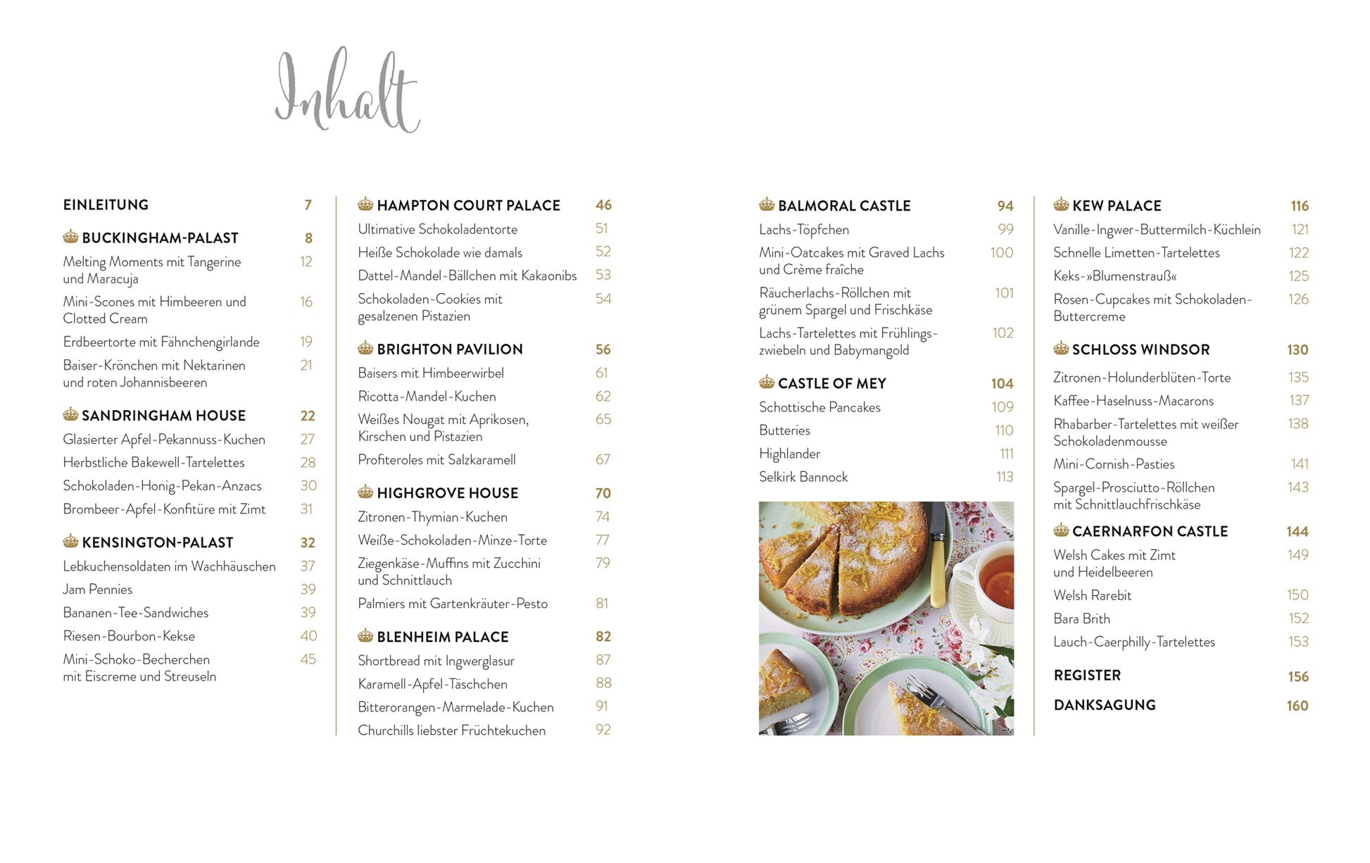 Das Inhaltsverzeichnis von Royal TeaTime aus dem DK Verlag zeigt die Namen der Schlösser, die Titel der Gerichte und die Seitenzahlen in Gold und Schwarz sowie ein Foto von geschnittenem britischem Gebäck auf einem Teller mit Gabeln - ideal für Afternoon Tea Rezepte.