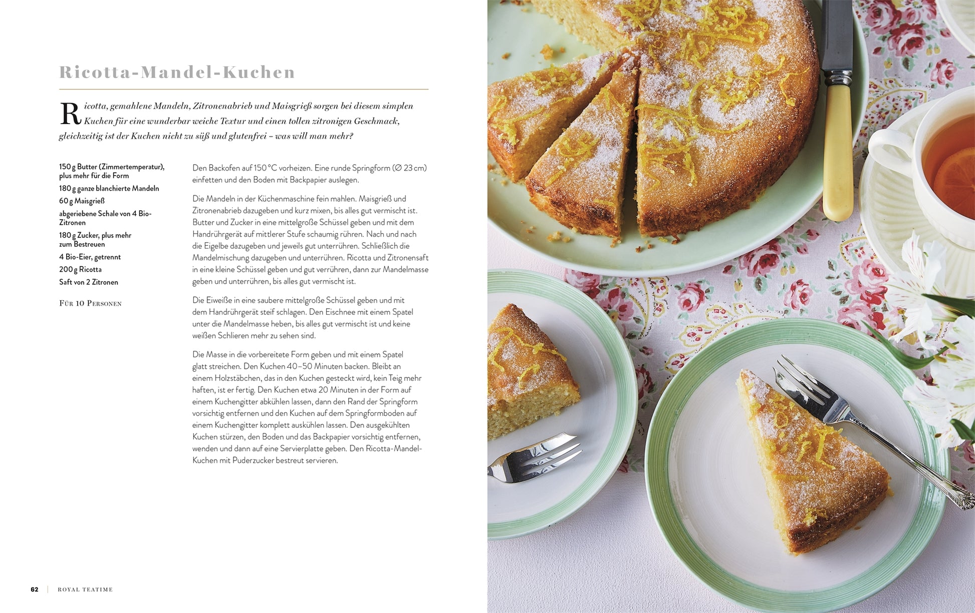 Das Buch "Royal TeaTime" aus dem DK Verlag ist aufgeschlagen: links ein Ricotta-Mandel-Kuchen-Rezept, rechts ein Teeservice mit klassischem britischem Gebäck, Teller, Gabel und Tasse - perfekt für Fans von Afternoon Tea Rezepten.