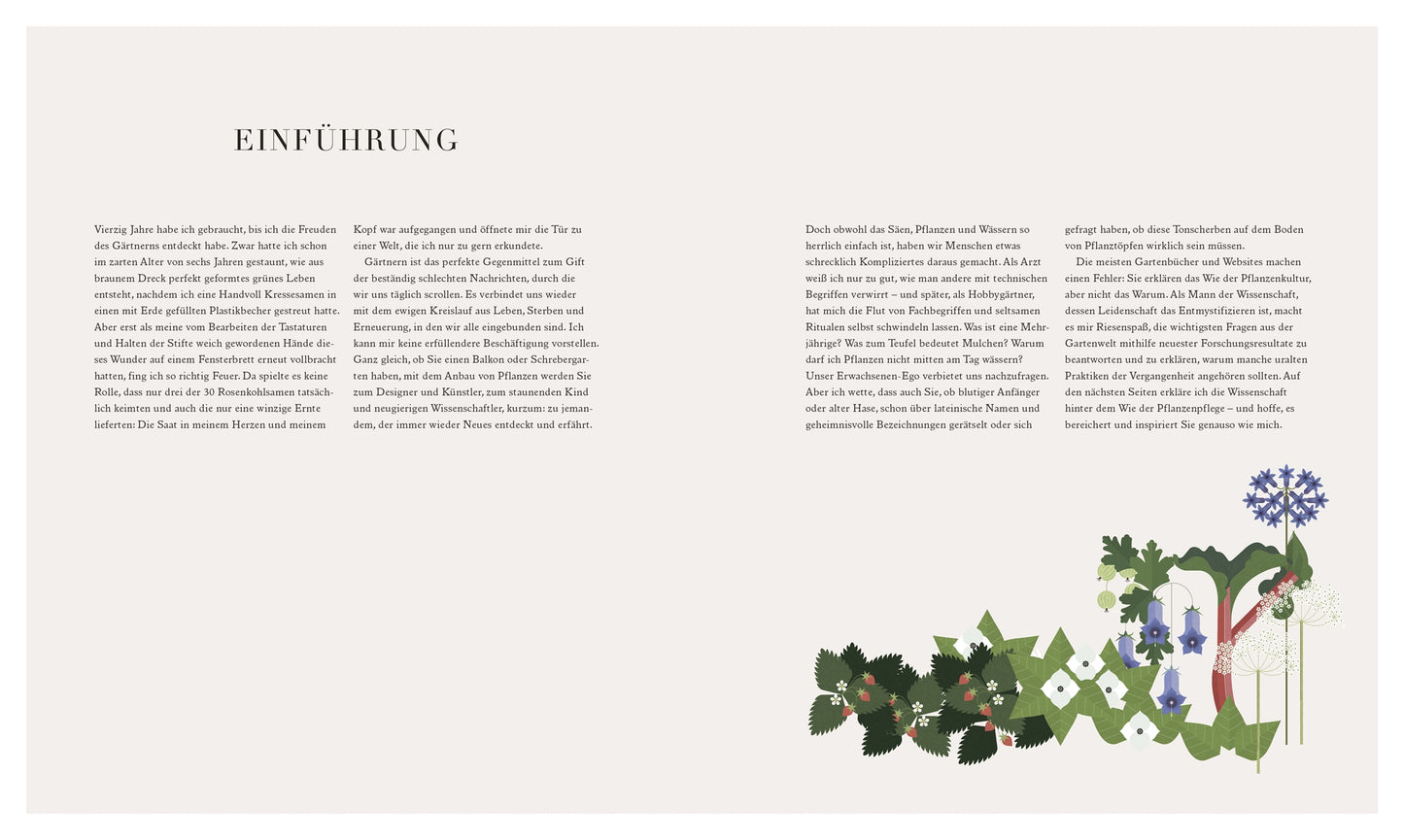 Eine Buchseite aus "100 Fragen und Antworten zum Gärtnern" vom DK Verlag zeigt einen deutschen Einführungstext auf hellem Hintergrund mit floralen Illustrationen - Erdbeeren und Heidelbeeren - ideal für Gartenbuch-Fans oder alle, die Gartenfragen haben.