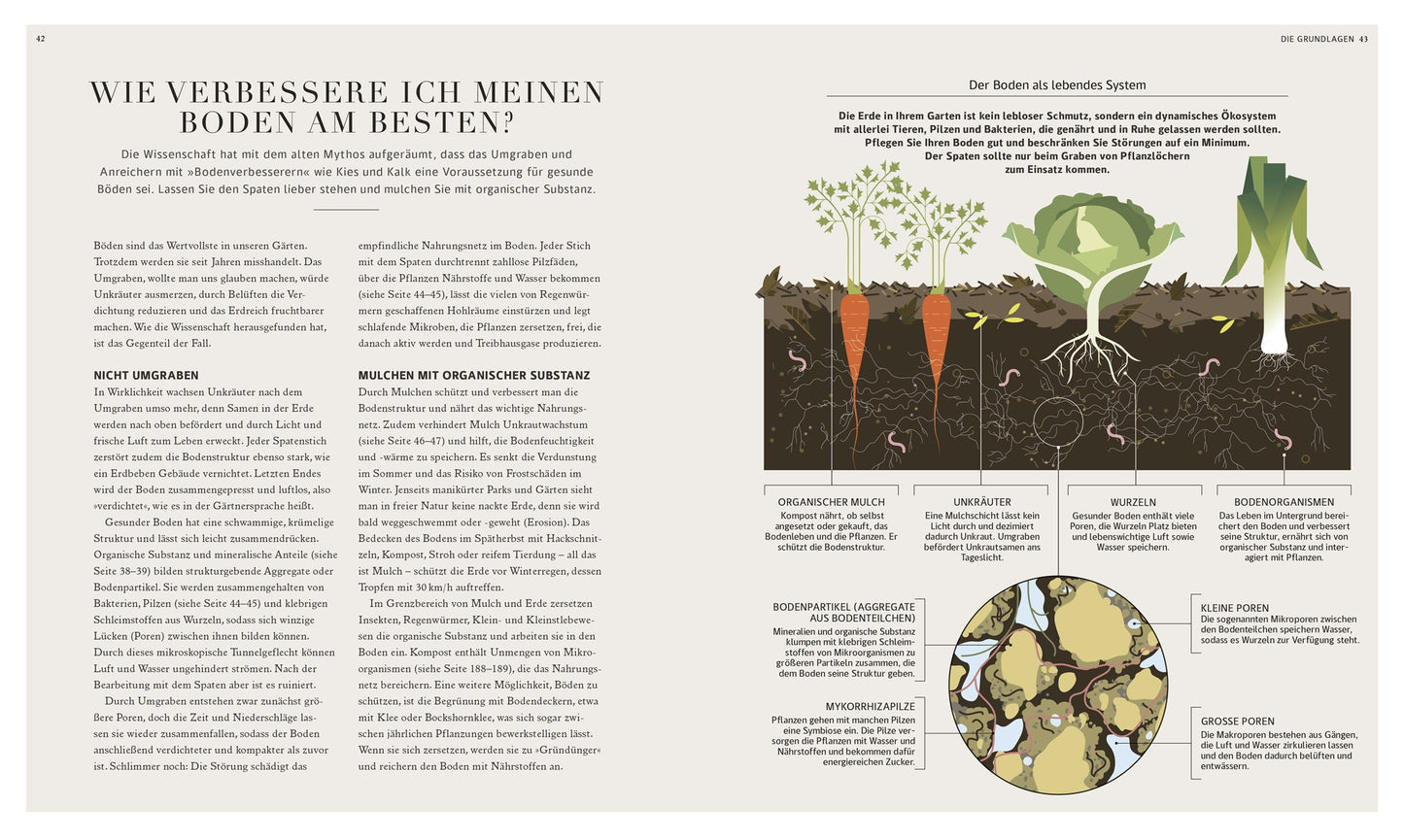 Eine Doppelseite aus dem Magazin "100 Fragen und Antworten zum Gärtnern" des DK Verlags veranschaulicht die Verbesserung der Bodengesundheit mit Diagrammen von Bodenschichten, Wurzelsystemen, Regenwürmern und Organismen sowie mit informativen Texten für Gärtner.