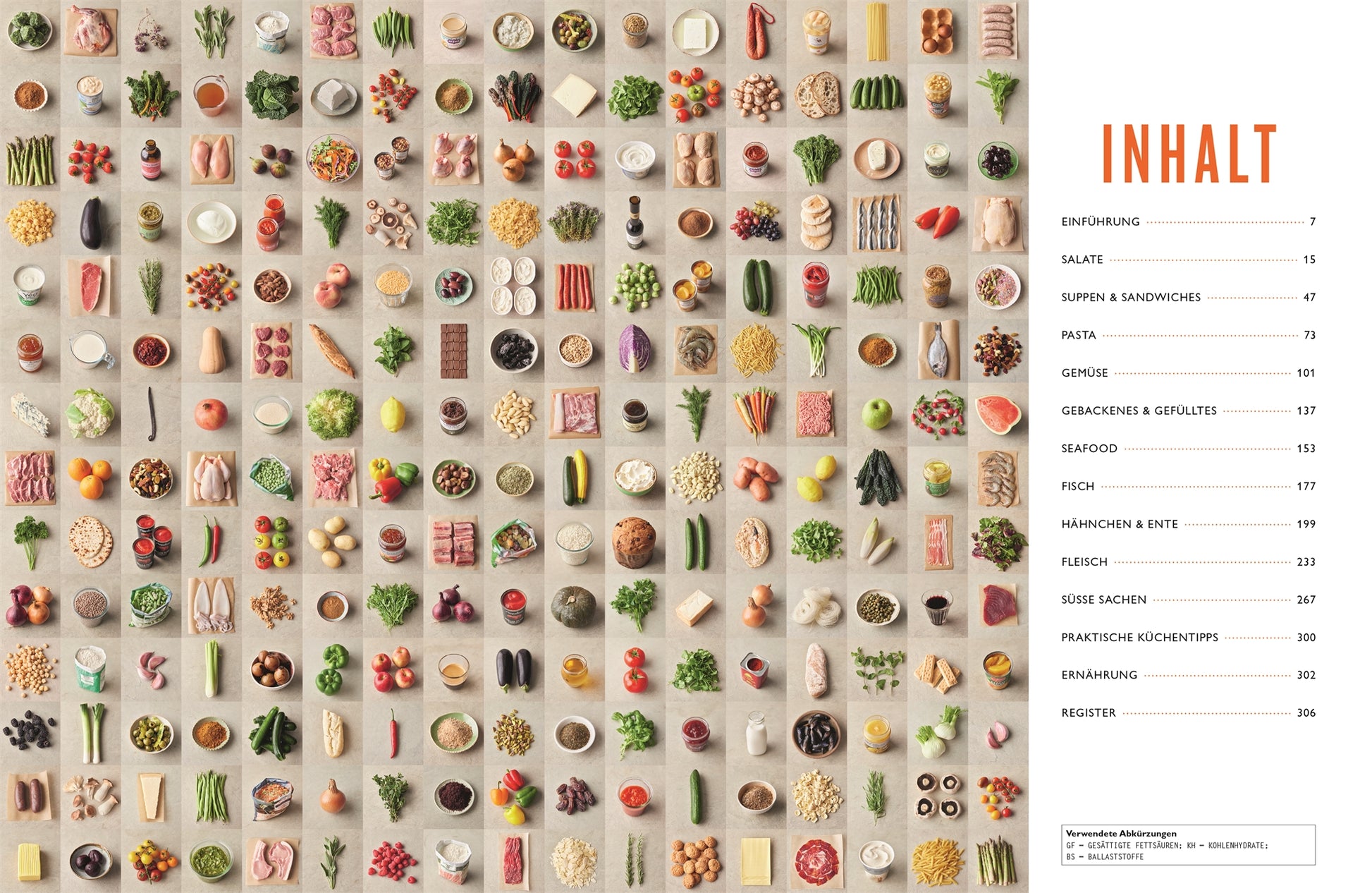 Ein Raster mit Zutaten und kleinen Gerichten aus der mediterranen Küche füllt das Bild, mit einer Inhaltsangabe für "5 Zutaten mediterran" vom DK Verlag in deutscher Sprache auf der rechten Seite, beschriftet mit INHALT in fetten orangefarbenen Buchstaben.