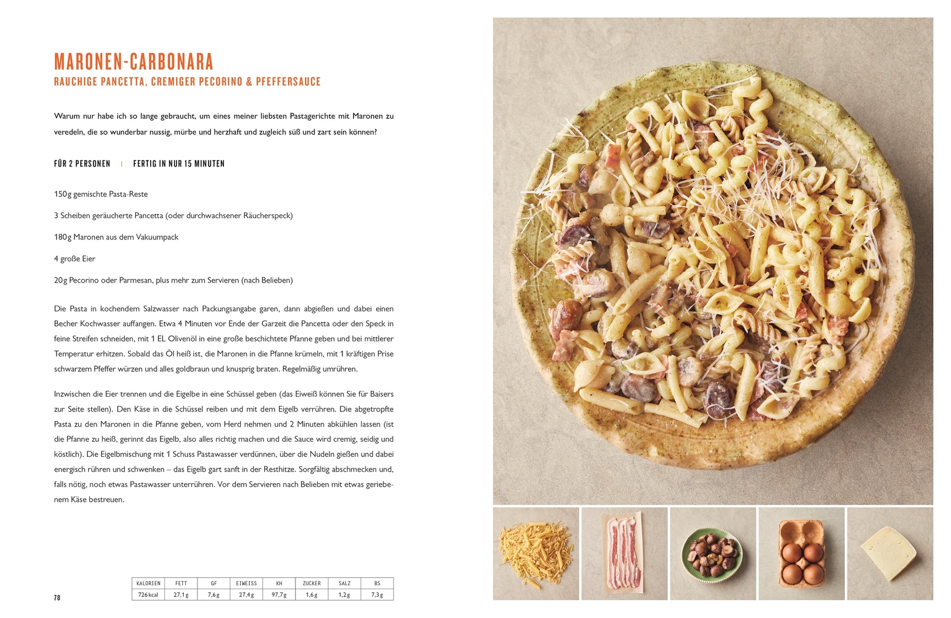 Blick von oben auf eine mit Nudeln, Pancetta, Käse und Sahnesauce belegte Pizza auf einem Holzbrett. Schüsseln mit Zutaten stehen daneben. Links steht "5 Zutaten mediterran" vom DK Verlag, inspiriert von Jamie Olivers 5-Zutaten-Kochbuch.
