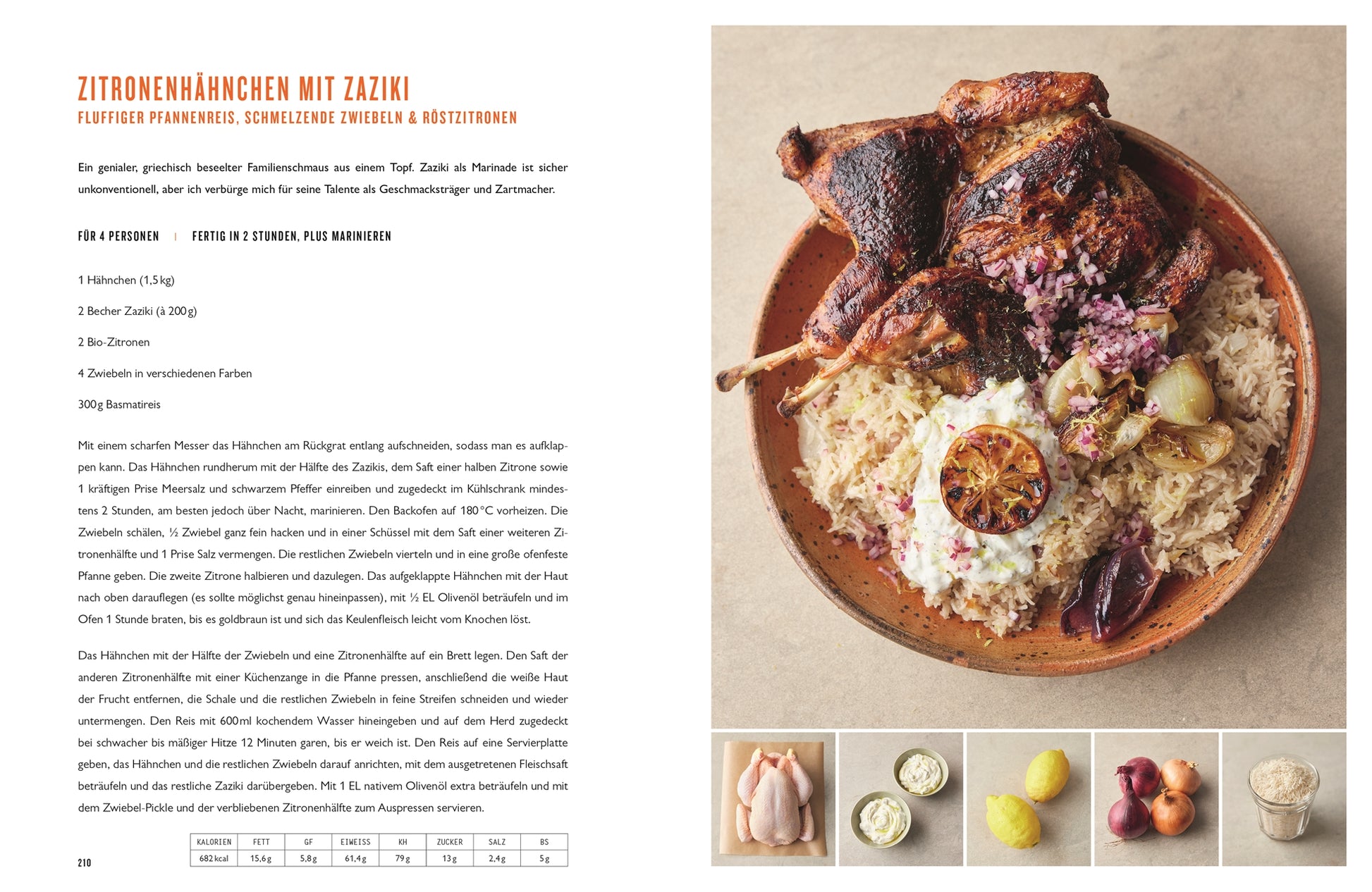 Eine Schüssel mit gebratenem Hähnchen auf Reis mit Zitrone, roten Zwiebeln und Oliven - ideal für Fans von 5 Zutaten mediterran aus dem DK Verlag. Auf der linken Seite des Bildes sind die Zutaten und die schrittweise Anleitung für dieses mediterran inspirierte Gericht zu sehen.