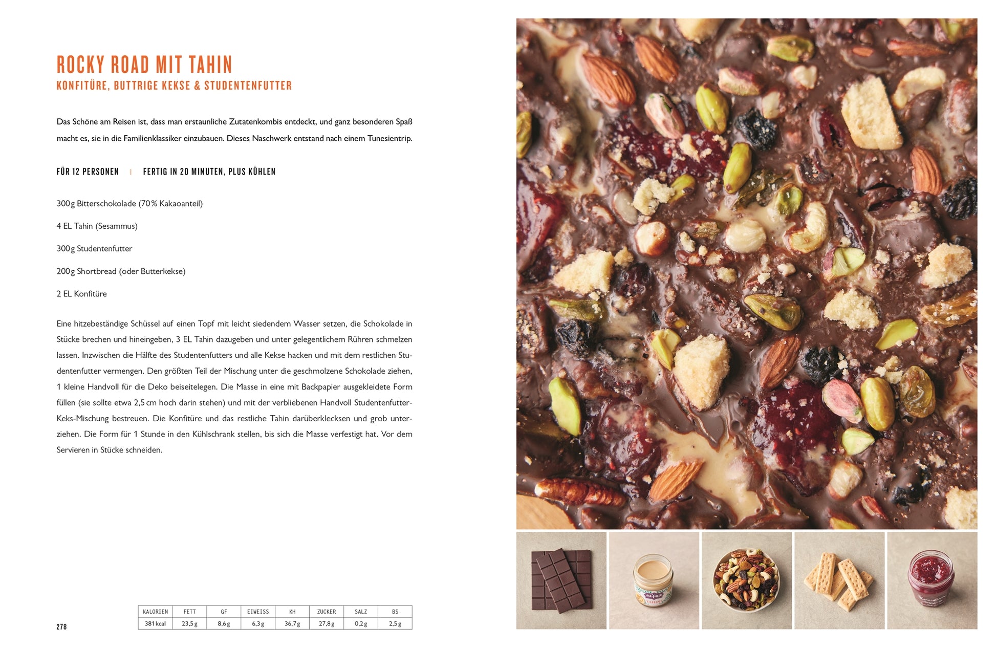 Eine Nahaufnahme des Rocky-Road-Desserts mit Nüssen und Streuseln. Links ist ein deutsches Rezept für Rocky Road mit Tahin aus den 5 Zutaten mediterran des DK Verlags abgebildet, mit fünf Zutatenfotos unten rechts.