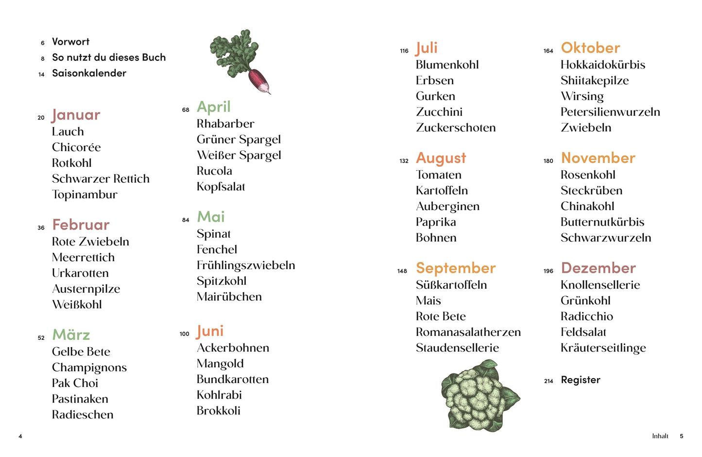 Das Gemüsekisten Kochbuch von DK Verlag bietet einen übersichtlichen Kalender mit saisonalem Obst und Gemüse für jeden Monat, klar gestaltet mit Illustrationen-ideal für nachhaltiges Kochen und saisonale Küche.