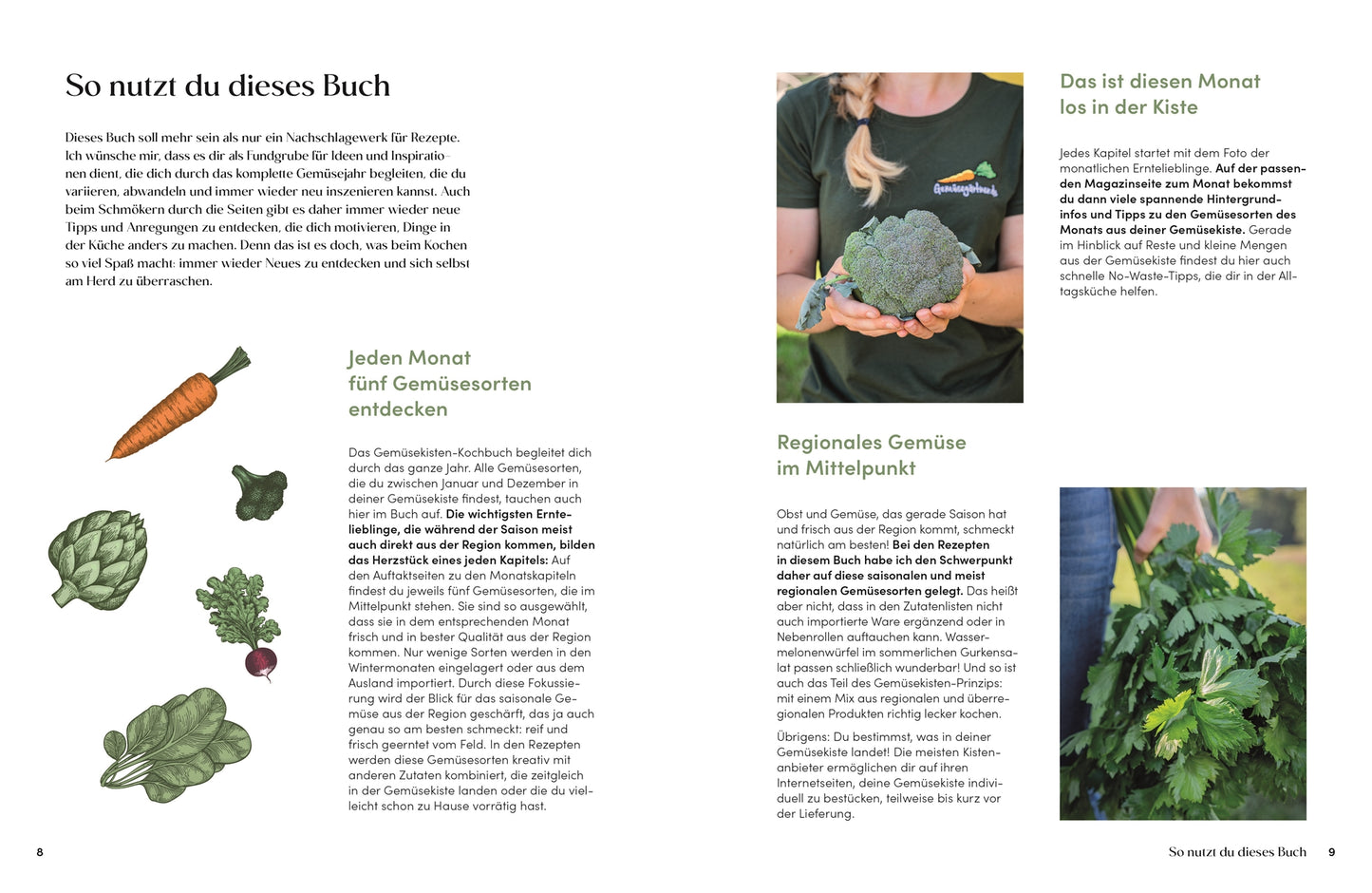 Das Gemüsekisten Kochbuch von DK Verlag zeigt deutsche Texte, Gemüse-Illustrationen und Fotos mit frischem Obst und Gemüse-die ideale Inspiration für nachhaltiges Kochen und kreative Rezepte.