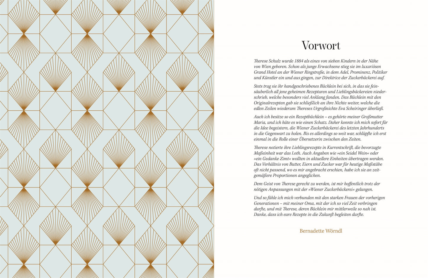 Links ein geometrisches gold-weißes Art-déco-Muster, rechts die "Wiener Zuckerbäckerei" des DK Verlags mit einem deutschen "Vorwort" über Wiener Kaffeehauskultur, das mit dem Namen von Bernadette Worndl endet.