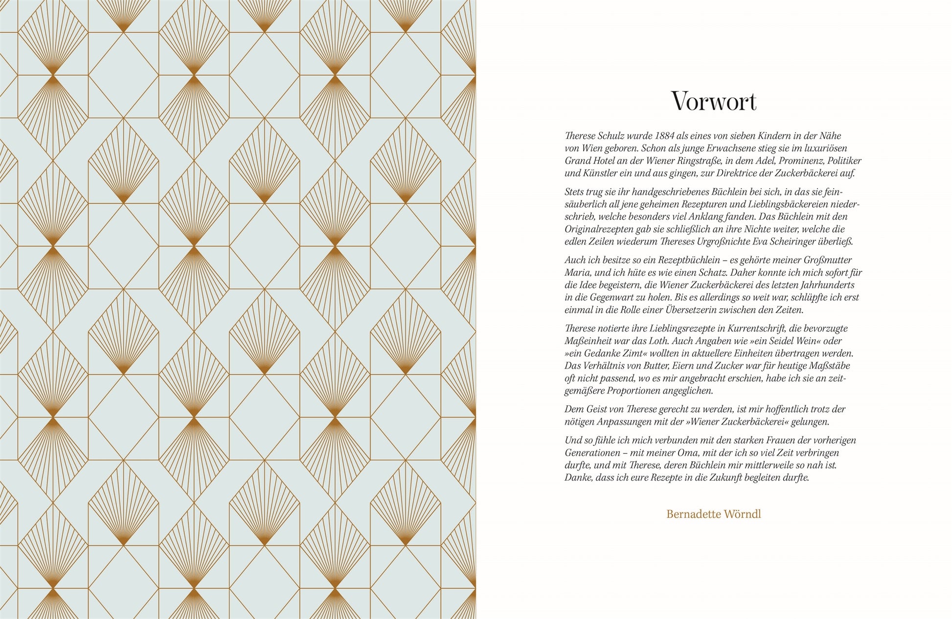 Links ein geometrisches gold-weißes Art-déco-Muster, rechts die "Wiener Zuckerbäckerei" des DK Verlags mit einem deutschen "Vorwort" über Wiener Kaffeehauskultur, das mit dem Namen von Bernadette Worndl endet.