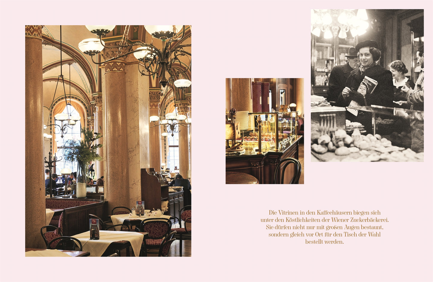 Tauchen Sie mit der Wiener Zuckerbäckerei des DK Verlags in die Wiener Kaffeehauskultur ein: links ein elegantes Interieur mit Säulen und Kronleuchtern, rechts ein Vintage-Foto eines Konditors an einer Kuchentheke, dazu ein deutscher Text.