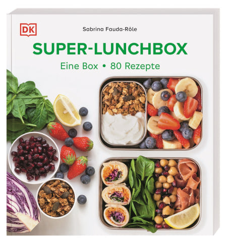Super-Lunchbox aus dem DK Verlag ist ein Kochbuch mit kreativen Rezepten für die Zubereitung von Mahlzeiten und Ideen für gesunde Lunchboxen. Das Cover zeigt bunte Lunchboxen mit Wraps, Kichererbsen, Beeren und mehr.
