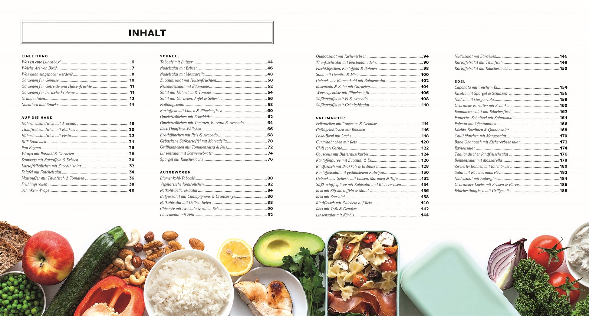 Das Super-Lunchbox-Kochbuch aus dem DK Verlag verfügt über ein "INHALT"-Inhaltsverzeichnis, das nach Lebensmittelkategorien geordnet ist. Frische Lebensmittel am unteren Rand inspirieren zu Meal-Prep-Rezepten und Lunchbox-Ideen - ideal für eine gesunde Mittagspause.