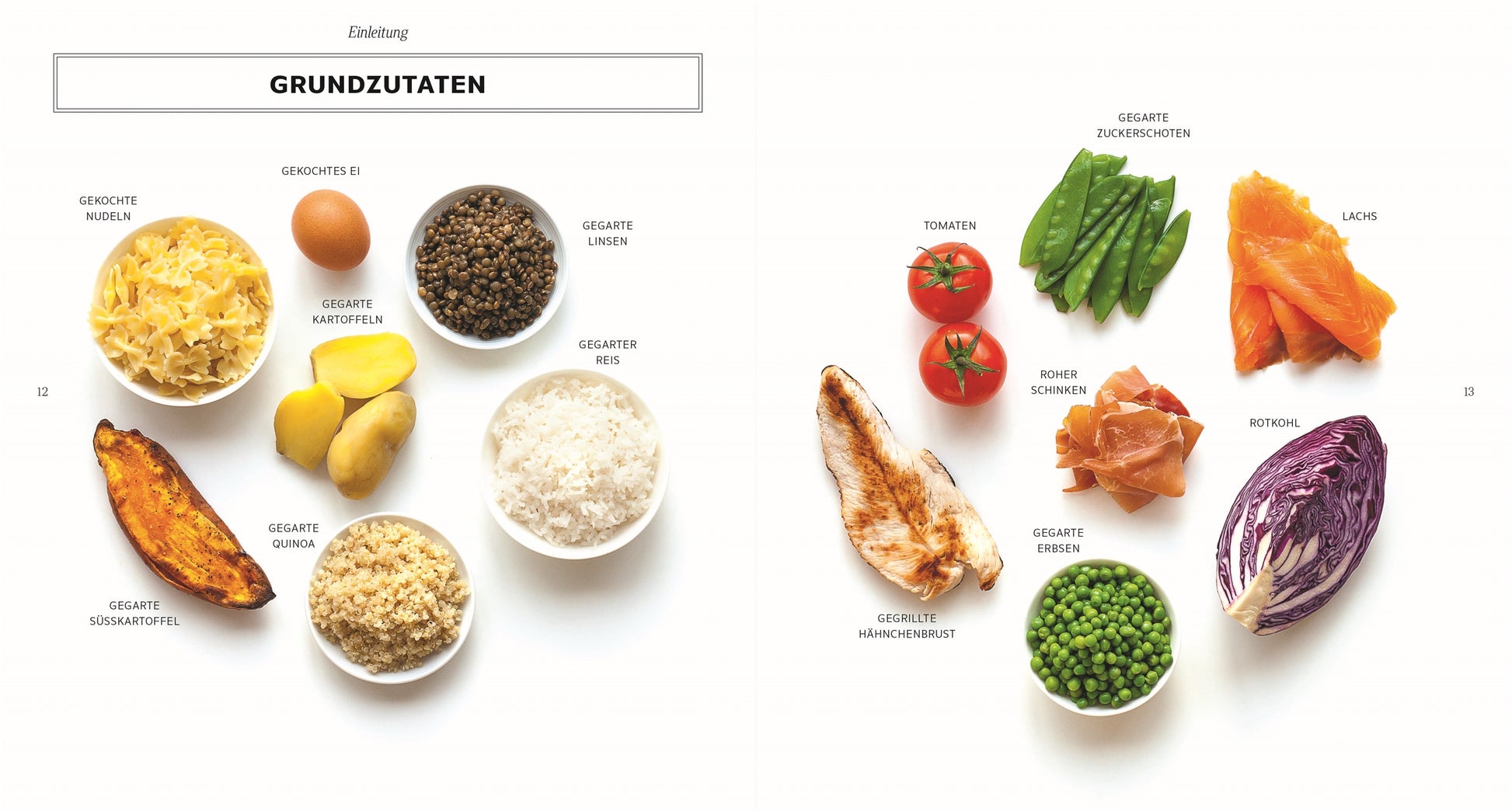 Zwei Seiten aus der Super-Lunchbox des DK Verlags zeigen verschiedene Grundnahrungsmittel wie Nudeln, Quinoa und Lachs auf einem weißen Hintergrund. Sie sind auf Deutsch beschriftet und eignen sich perfekt für die Zubereitung von Mahlzeiten oder für Ideen für ein gesundes Mittagessen.