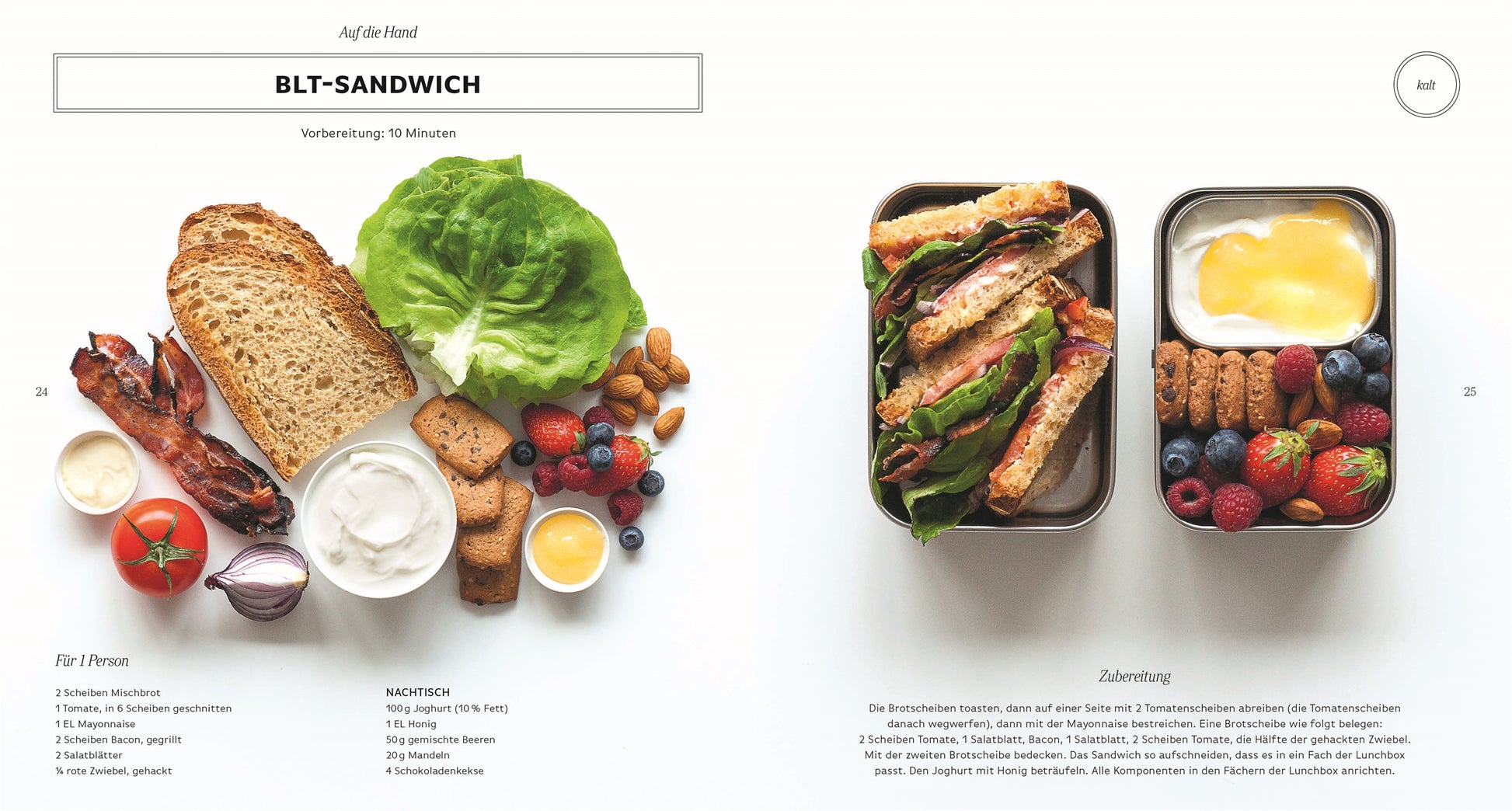 Zwei Seiten aus der "Super-Lunchbox" des DK Verlags zeigen Meal-Prep-Rezepte für ein BLT: links Brot, Bacon, Salat, Tomate, Zwiebel, Joghurt, Mandeln, Beeren; rechts fertige Sandwiches mit Obst und Keksen - eine perfekte gesunde Mittagspause.