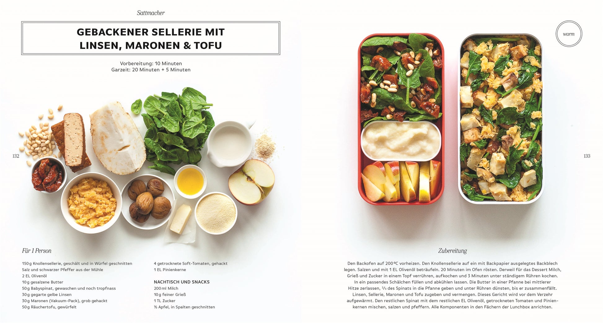 Ein Rezept-Layout aus der Super-Lunchbox des DK Verlags: Auf der linken Seite sind die Zutaten für gebackene Selleriewurzel mit Linsen, Kastanien und Tofu aufgelistet; auf der rechten Seite sind drei Meal-Prep-Boxen des fertigen Gerichts mit Zubereitungshinweisen abgebildet.