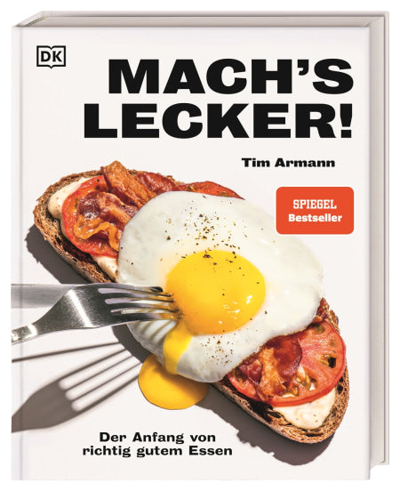 Buchcover von „Mach's lecker!“ aus dem DK Verlag. Es zeigt das Schneiden von Brot mit Tomate, Speck und Spiegelei – ideal für Fans neuer Rezepte. Mit orangefarbenem SPIEGEL-Bestseller-Aufkleber.