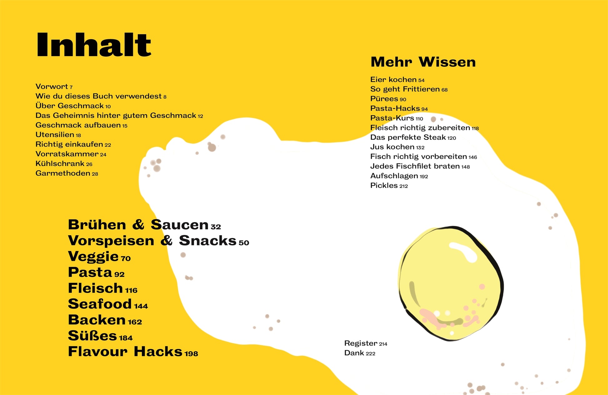 Inhaltsverzeichnis des Kochbuchs „Mach's lecker!“ des DK Verlags auf gelbem Hintergrund mit der Abbildung eines aufgeschlagenen Eis. Die Abschnitte umfassen Rezepte für Soßen, Snacks, Gemüse, Pasta, Fisch, Meeresfrüchte, Backen, Süßigkeiten sowie Geschmackstricks und Tipps.