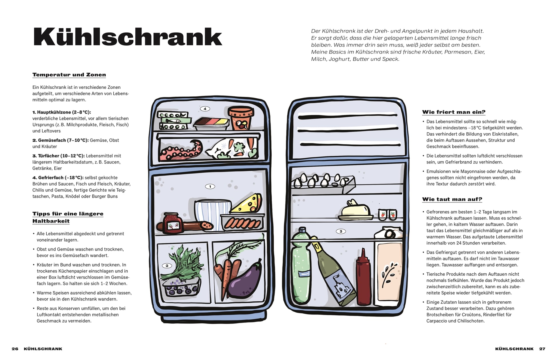 Ein illustrierter, offener Kühlschrank präsentiert geordnete Lebensmittel. Deutsche Aufbewahrungstipps für den Kühlschrank umgeben das Bild – ideal für Fans von „Neue Rezepte“ oder „Kochkurs bei Tim Armann“. Von Mach’s lecker! vom DK Verlag.