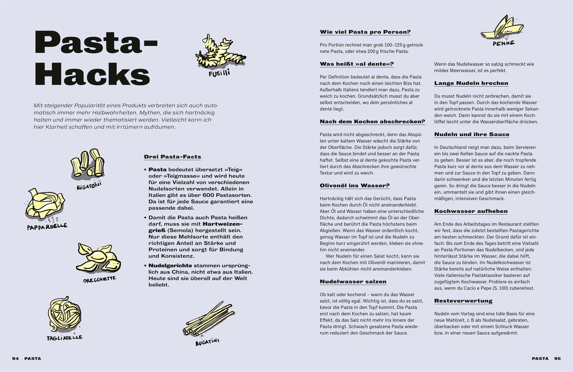 Das Magazin "Mach's lecker!" des DK-Verlages präsentiert Pasta-Hacks mit Illustrationen und Tipps. Auf der linken Seite finden sich Texte und Zeichnungen zu Fusilli, Rigatoni, Farfalle, Orecchiette und Tagliatelle, auf der rechten Seite gibt es Tipps und Einblicke in die Kochschule.