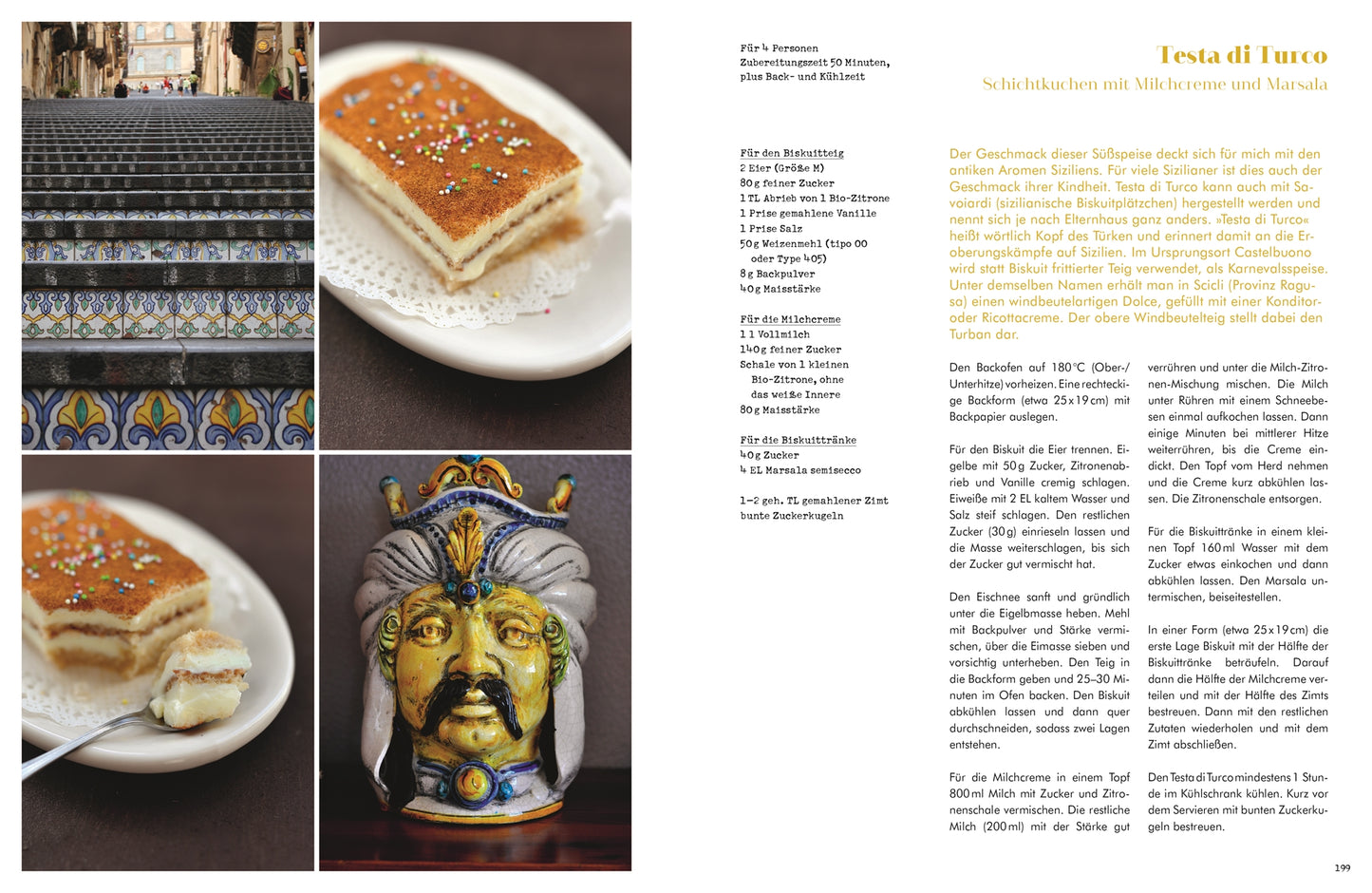 Eine Seite aus "Sizilien in meiner Küche" (DK Verlag) zeigt ein traditionelles sizilianisches Testa di Turco Rezept und Geschichte, mit Fotos bunter Fliesen, einem Dessertstück und einem dekorativen Keramik-Kopfbecher. Text auf Deutsch.