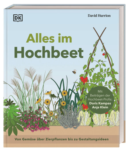 Das Cover von "Alles im Hochbeet" aus dem DK Verlag zeigt farbenfrohe Illustrationen von Gemüse und Blumen in einem Hochbeet, mit praktischen Bauanleitungen und Gartentipps auf hellblauem Hintergrund mit grünen und braunen Pflanzenmotiven.