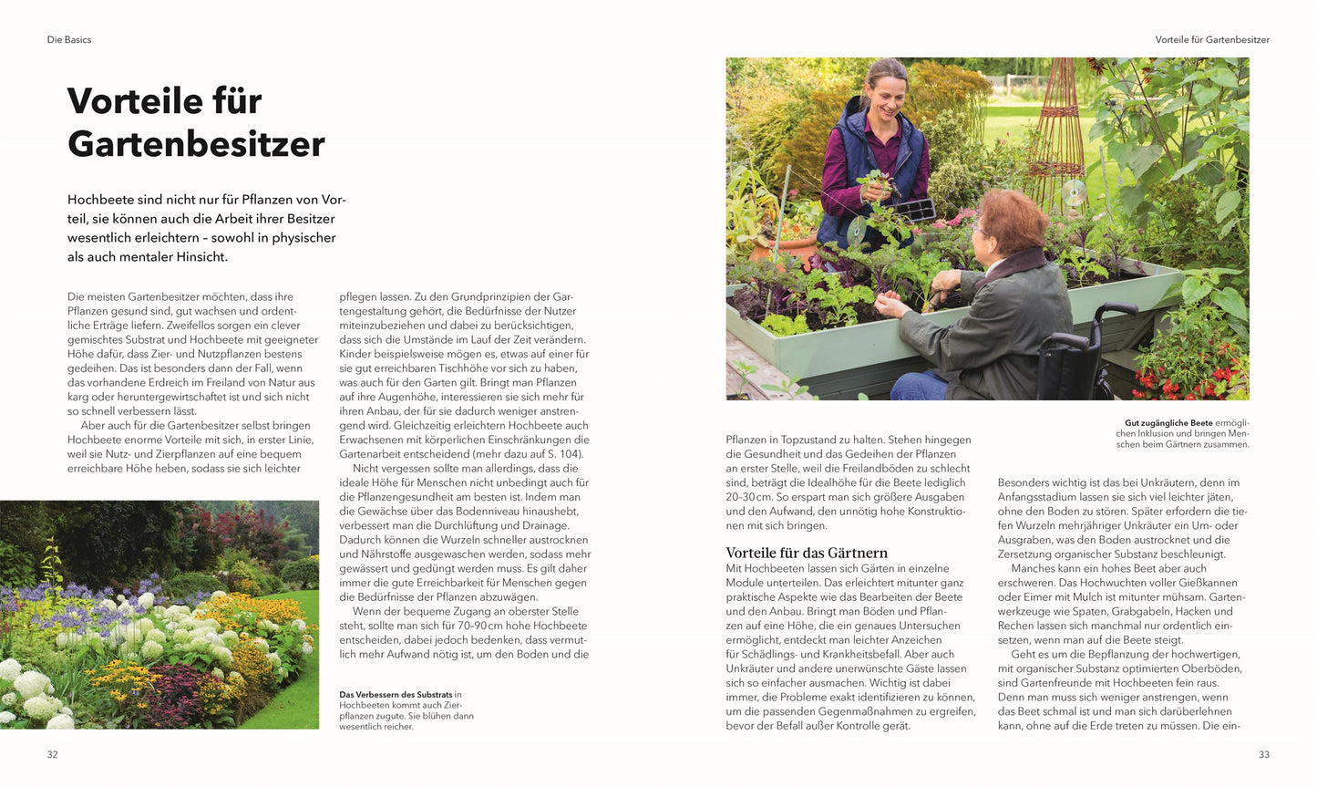 Zwei Frauen gärtnern gemeinsam an einem Hochbeet aus "Alles im Hochbeet" des DK Verlags: Eine steht und reicht der anderen, die sitzt und pflanzt, Pflanzen. Die Seite zeigt deutsche Texte zu Gartentipps, Anleitungen und Fotos von üppigen Gartenbeeten.