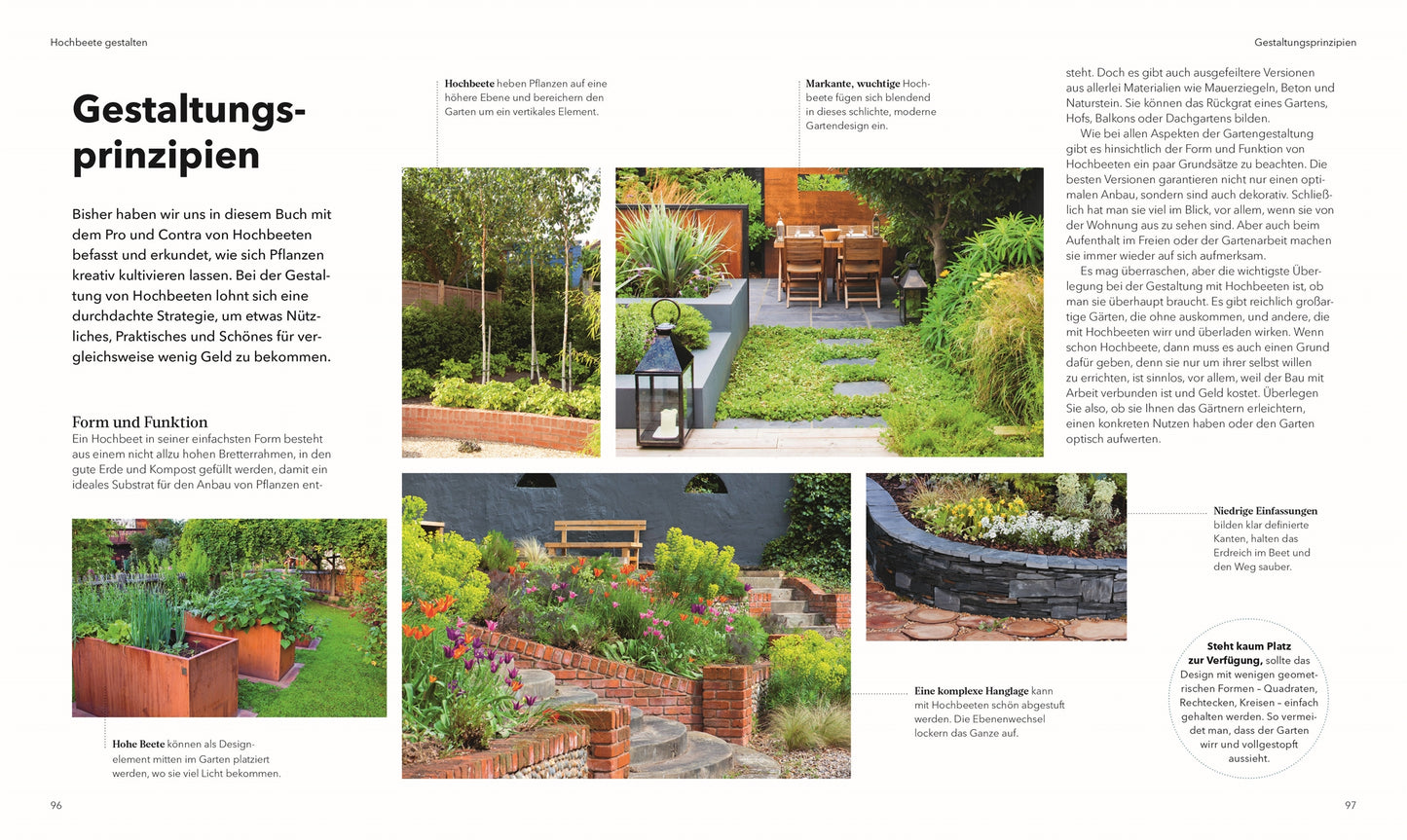 Eine Magazinseite aus dem DK Verlag "Alles im Hochbeet" zeigt die Gartengestaltung mit Fotos von Hochbeeten, Pflanzgefäßen aus Stein und Ziegeln, üppigen Pflanzen sowie Textblöcken mit Bauanleitungen und Tipps zu Gestaltung und Materialien.