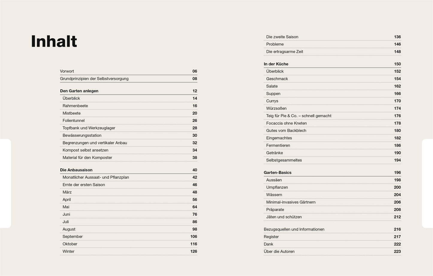 Das Buch "Selbstversorgung aus dem Garten" aus dem DK Verlag hat ein deutsches Inhaltsverzeichnis mit dem Titel "Inhalt", in dem Themen wie Gartengrundlagen, Geräte, Pflanztipps, Kochen und Selbstversorgung mit Seitenzahlen in zwei Spalten aufgeführt sind.
