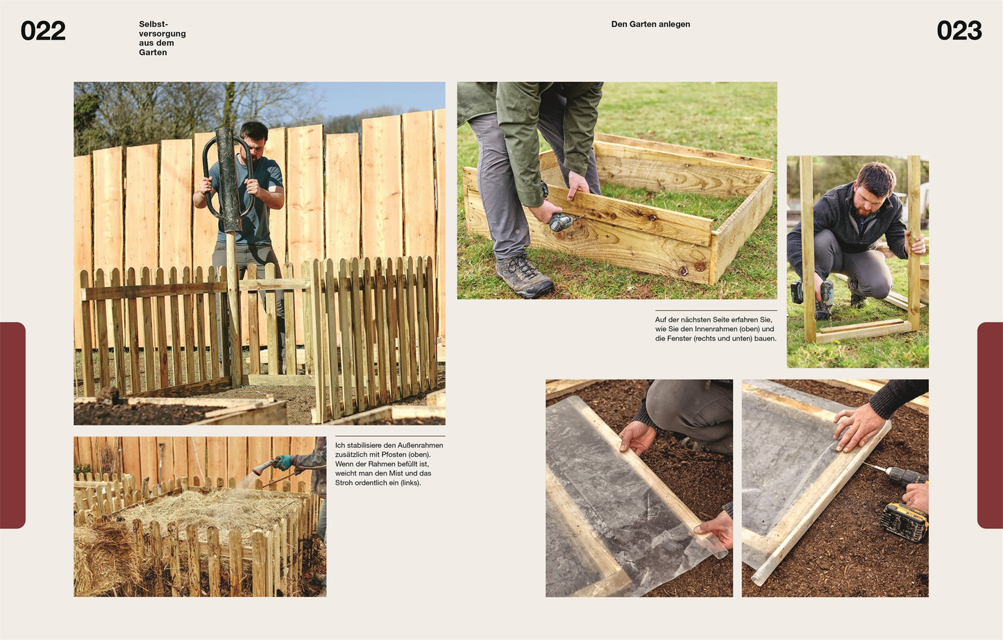 Eine Schritt-für-Schritt-Fotoanleitung aus "Selbstversorgung aus dem Garten" vom DK Verlag zeigt, wie man ein Hochbeet aus Holz im Freien baut: ausmessen, Bretter zusammensetzen, verschrauben und mit einer Klarsichtfolie abdecken für eine erfolgreiche Selbstversorgung.