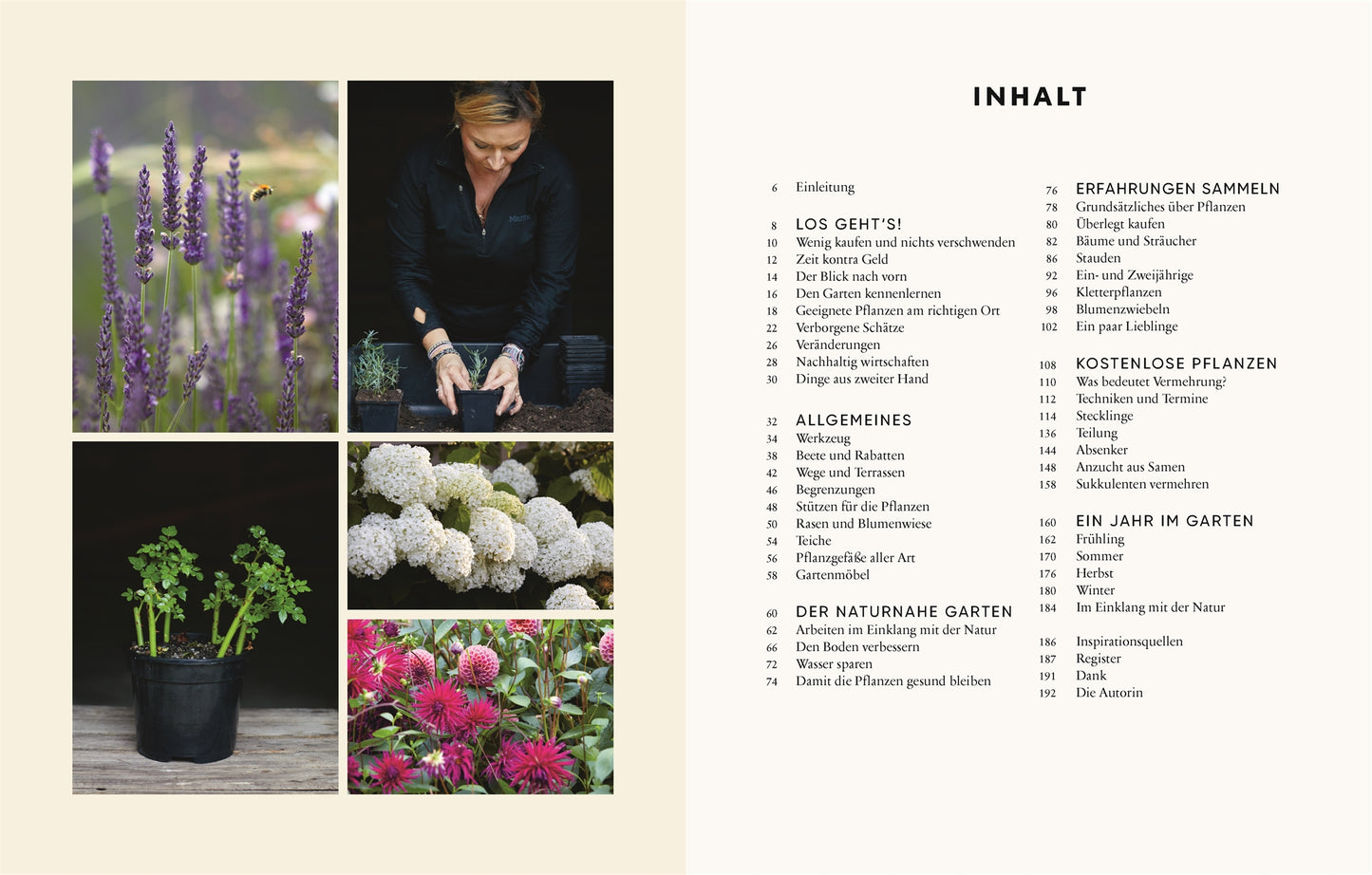 Eine Collage aus Gartenfotos - Lavendel, Topfpflanzen, Hortensien - illustriert das Buch "Gärtnern für wenig Geld" des DK Verlags; rechts ist das deutsche Inhaltsverzeichnis dieses preisgünstigen Gartenbuchs zu sehen.