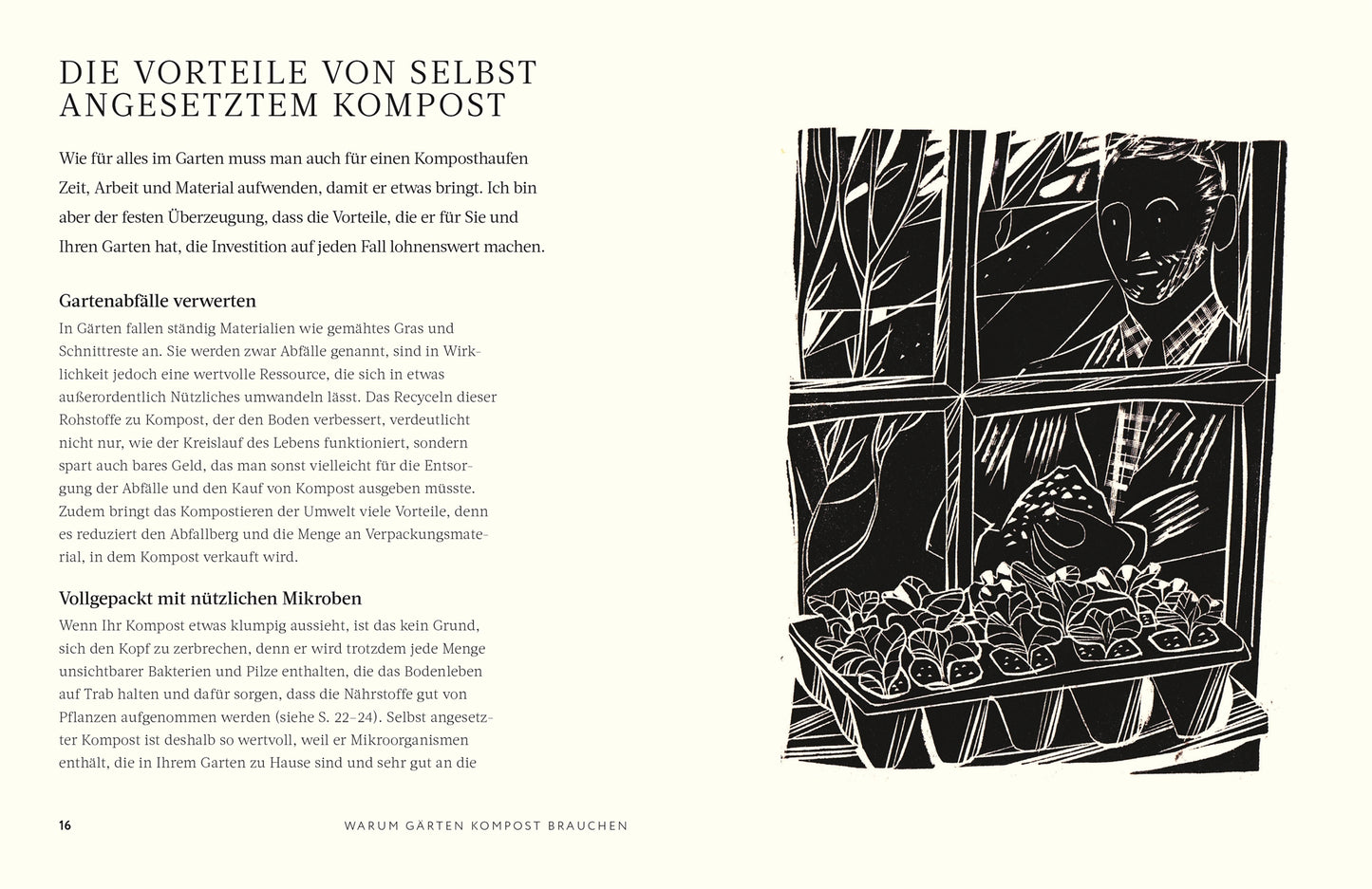 Schwarz-Weiß-Illustration einer lächelnden Person in einer Jacke, die durch ein Fenster auf Pflanzschalen blickt. Der Text beleuchtet Charles Dowdings Kompost-Tipps vom Dk Verlag für nachhaltiges Gärtnern und gesündere Gartenerde.