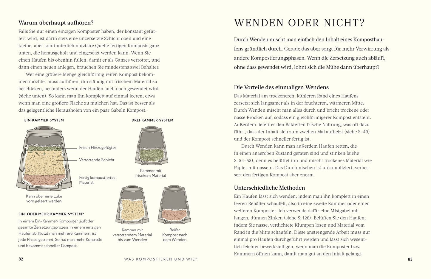 Eine Doppelseite aus „Kompost“ des DK Verlags zeigt Gründe, mit dem Kompostieren aufzuhören, mit Kompostbehälterdiagrammen (links) und Charles Dowdings Ratschlägen zum Umsetzen von Kompost für nachhaltige Gartenarbeit (rechts).