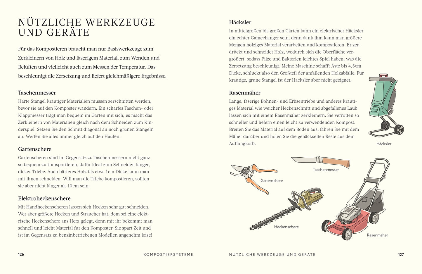 Eine deutschsprachige Buchseite des Dk Verlags beschreibt und illustriert Kompost-Werkzeuge, darunter ein Taschenmesser, eine Gartenschere, eine elektrische Heckenschere, ein Handbeil, eine Heckenschere und einen Rasenmäher - ideal für nachhaltige Gartenarbeit.