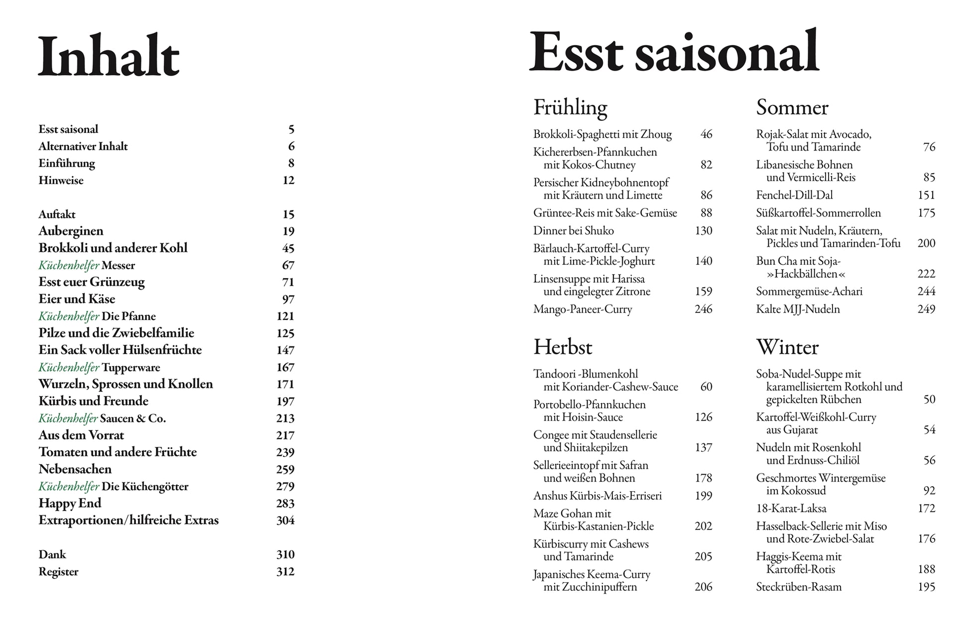 Zwei Buchseiten aus "Happy - weil diese Rezepte glücklich sind" vom DK Verlag: Auf der linken Seite sind die Kapitel nach Zutaten geordnet, auf der rechten Seite werden vegetarische Rezepte und vegane Gerichte von Meera Sodha nach Jahreszeiten mit Rezepttiteln und Seitenzahlen vorgestellt.