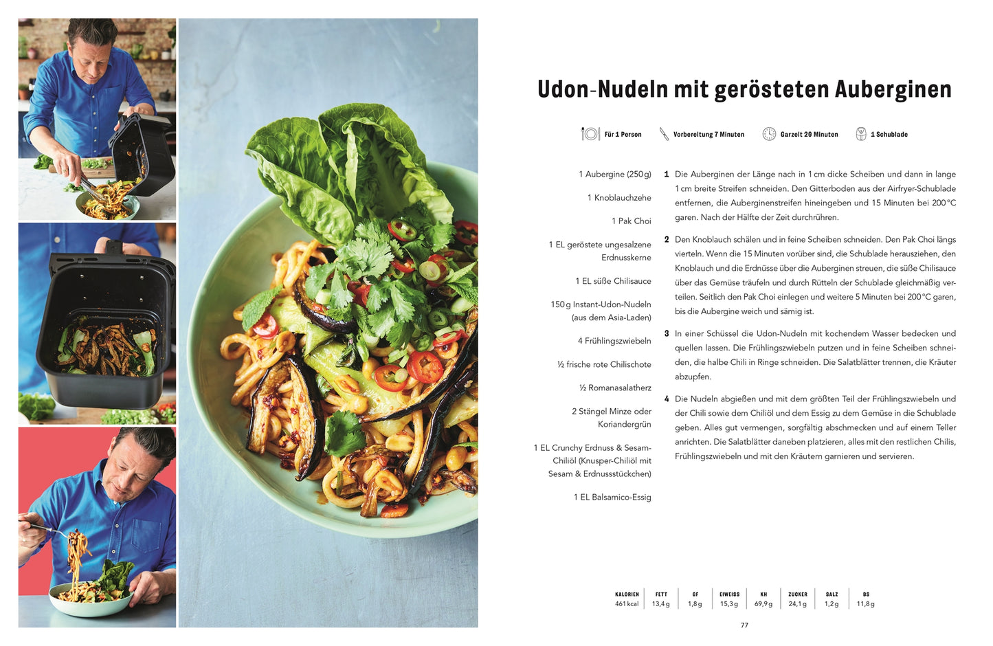 Eine Rezeptseite für Udon-Nudeln mit gebratenen Auberginen, mit Schritt-für-Schritt-Fotos von einem Mann, der das Gericht in einer Easy Air Fryer des DK Verlags zubereitet. Die fertige Schüssel und alle Zutaten sind auf Deutsch aufgelistet, inspiriert vom Jamie Oliver Kochbuch-Stil.