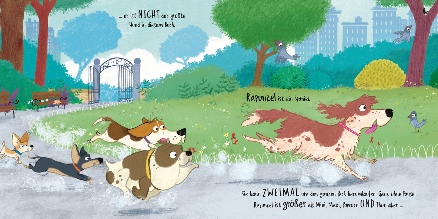 In "Wau, wau, WAU! Wer ist der größte Hund" aus dem DK-Verlag rasen Hunde durch einen Park und jagen Rapunzel, wobei Bäume und Bänke im Blickfeld sind. Dieses entzückende Hunde Bilderbuch mit spielerischen deutschen Texten ist ideal als Bilderbuch für Kinder oder für Gute-Nacht-Geschichten.