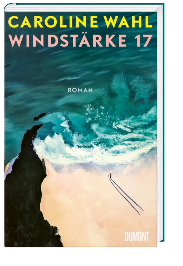 Der Buchumschlag von Windstärke 17 aus dem Dumont Verlag zeigt eine gemalte Luftaufnahme einer Küstenlinie mit Wellen, Felsen und zwei kleinen Figuren, die auf dem Sand spazieren gehen und Spuren hinterlassen.