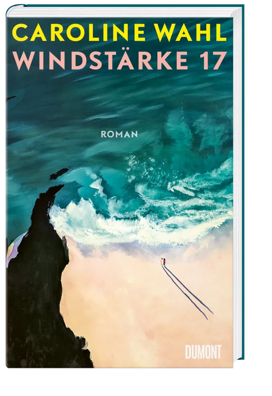 Der Buchumschlag von Windstärke 17 aus dem Dumont Verlag zeigt eine gemalte Luftaufnahme einer Küstenlinie mit Wellen, Felsen und zwei kleinen Figuren, die auf dem Sand spazieren gehen und Spuren hinterlassen.