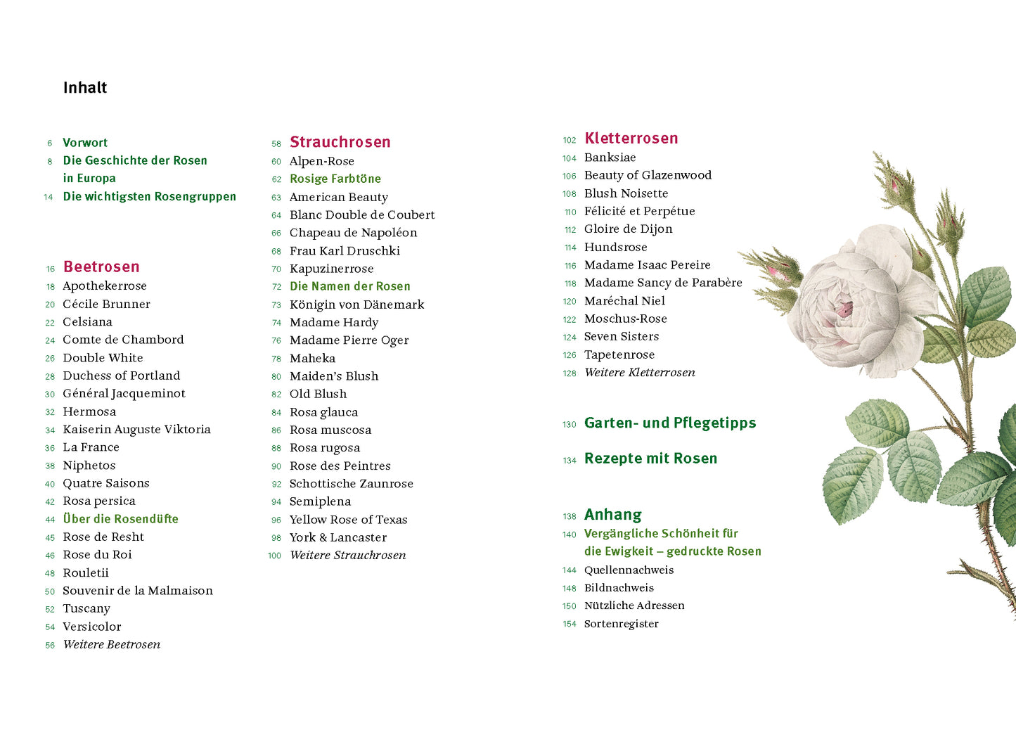 Dreispaltiges Inhaltsverzeichnis in deutscher Sprache mit Auflistung der Rosensorten und Gartenbuchthemen für „Historische Rosen“ vom Dumont Verlag, daneben rechts eine Abbildung einer weißen Rose mit grünen Blättern.
