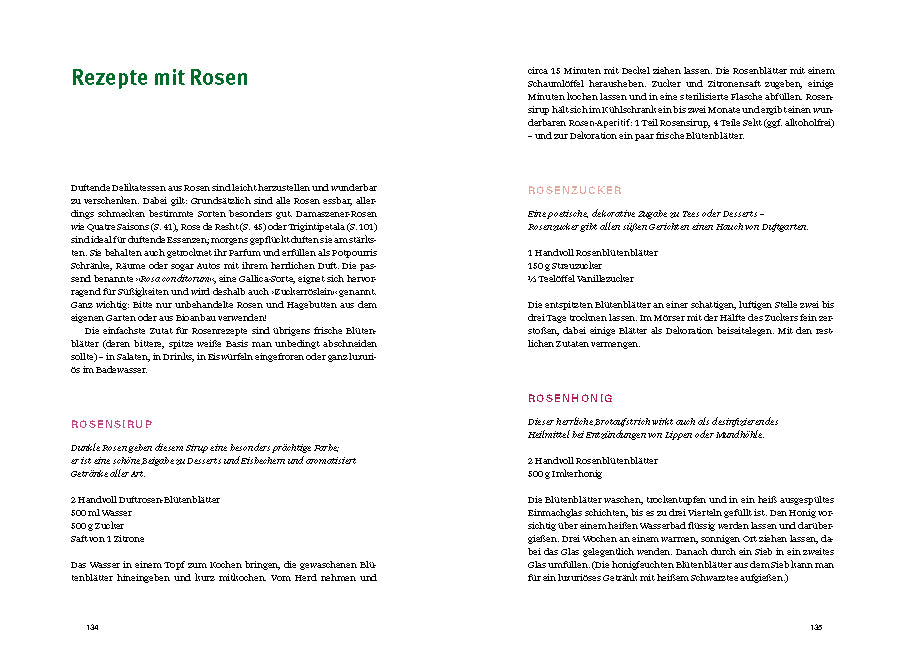 Eine deutsche Magazinseite aus der Zeitschrift "Historische Rosen" des Dumont Verlags enthält Artikel und Rezepte wie Rezepte mit Rosen, Rosenessig, Rosenblütenzucker und Rosenhonig mit grünen und rosa Überschriften auf weißem Hintergrund.