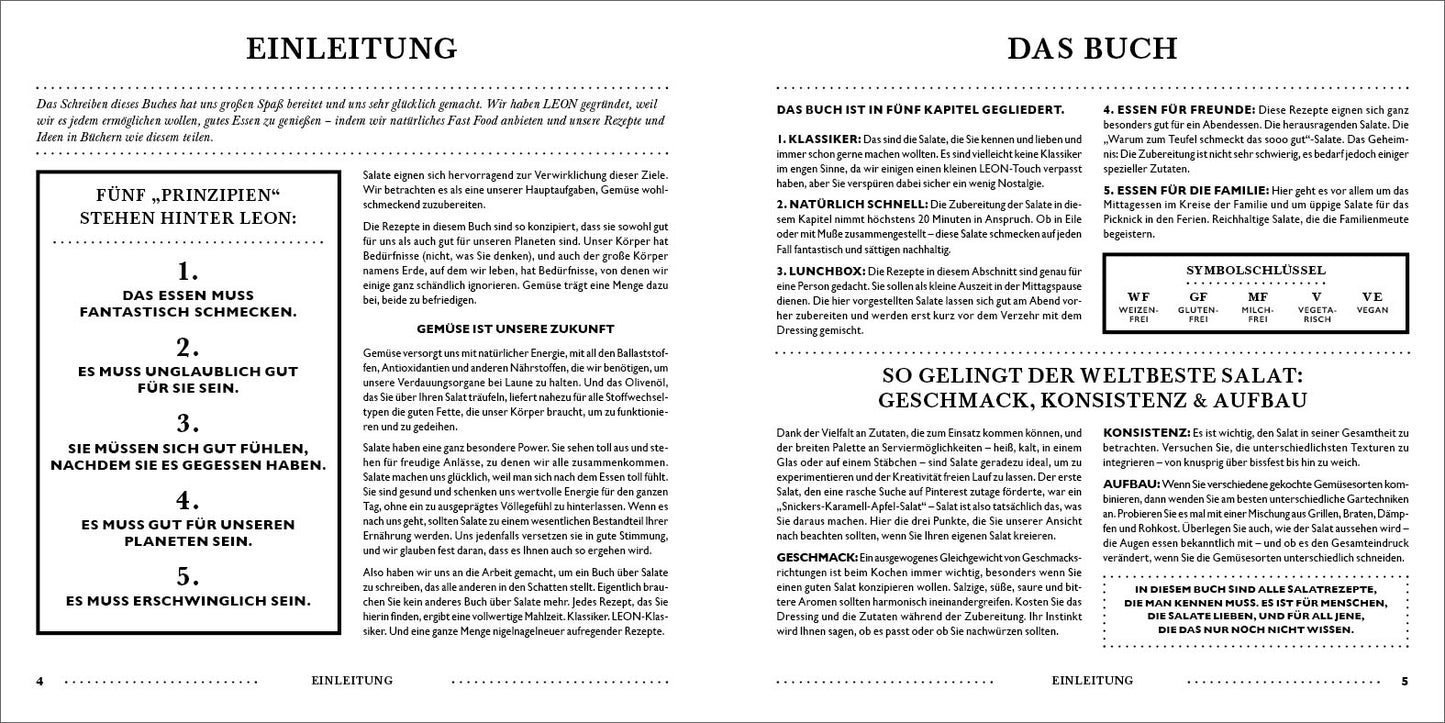 Eine Doppelseite aus LEON. Hundert Salate vom Dumont Verlag, auf Deutsch: Die linke Seite stellt fünf Ernährungsprinzipien und LEON vor; die rechte Seite enthält Kapitelübersichten und einen Leitfaden mit leckeren Salaten und Rezepten.